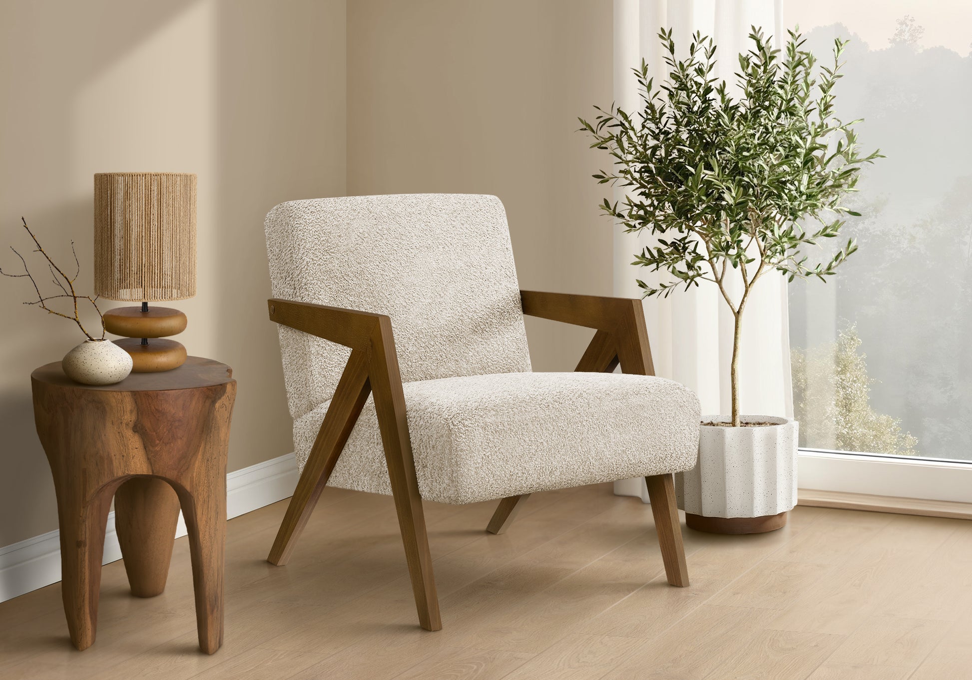 Accent Chair 30"H Cream Upholstered Walnut Wood-DECOROLALA