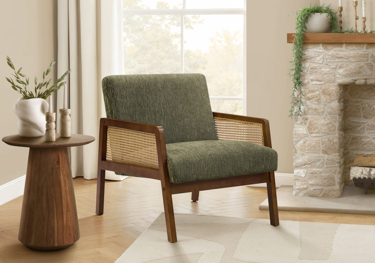Accent Chair 30"H Green Fabric Brown Walnut Wood-Accent Chairs-DECOROLALA
