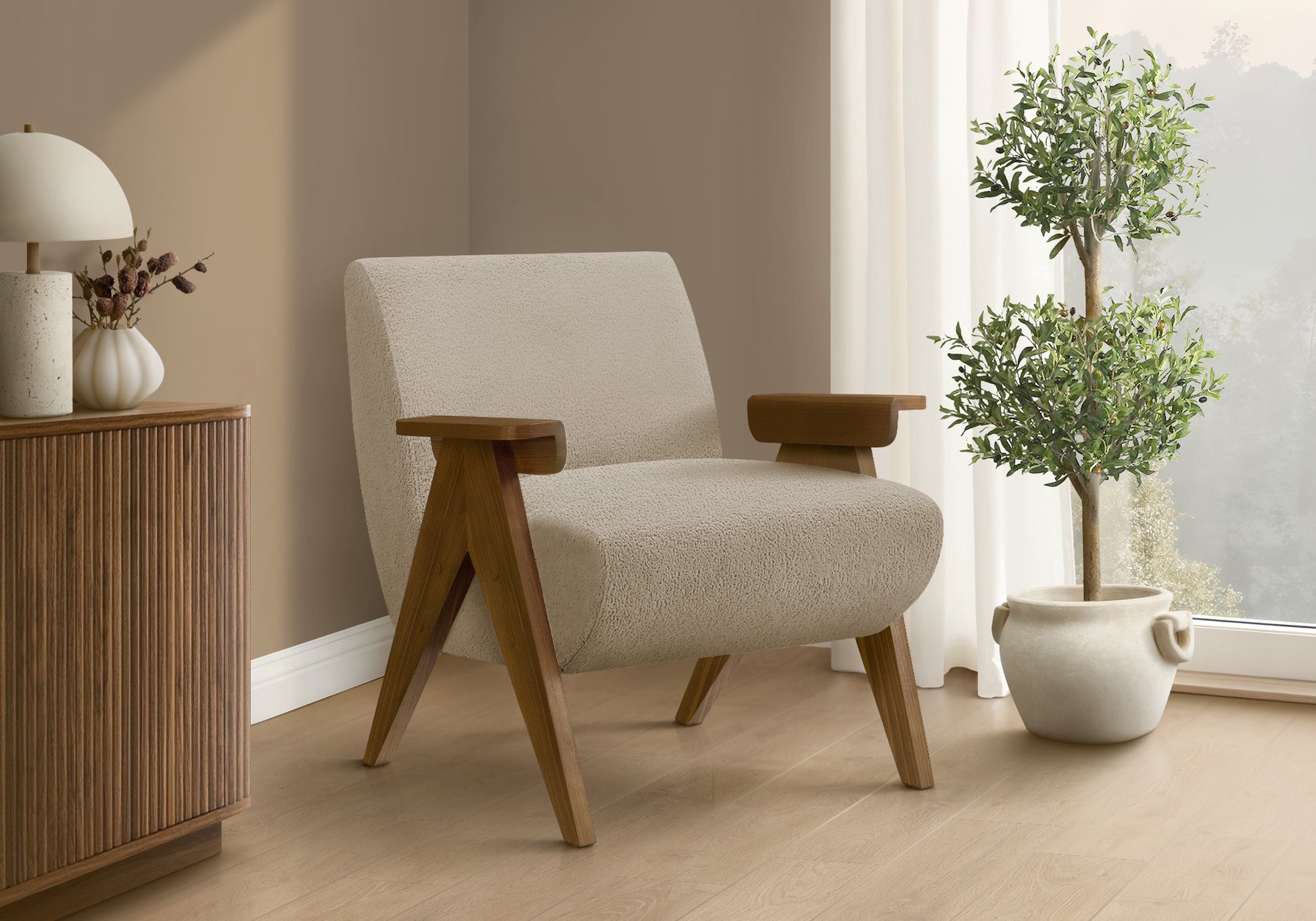 Accent Chair 31"H Beige Upholstered Walnut Wood-DECOROLALA