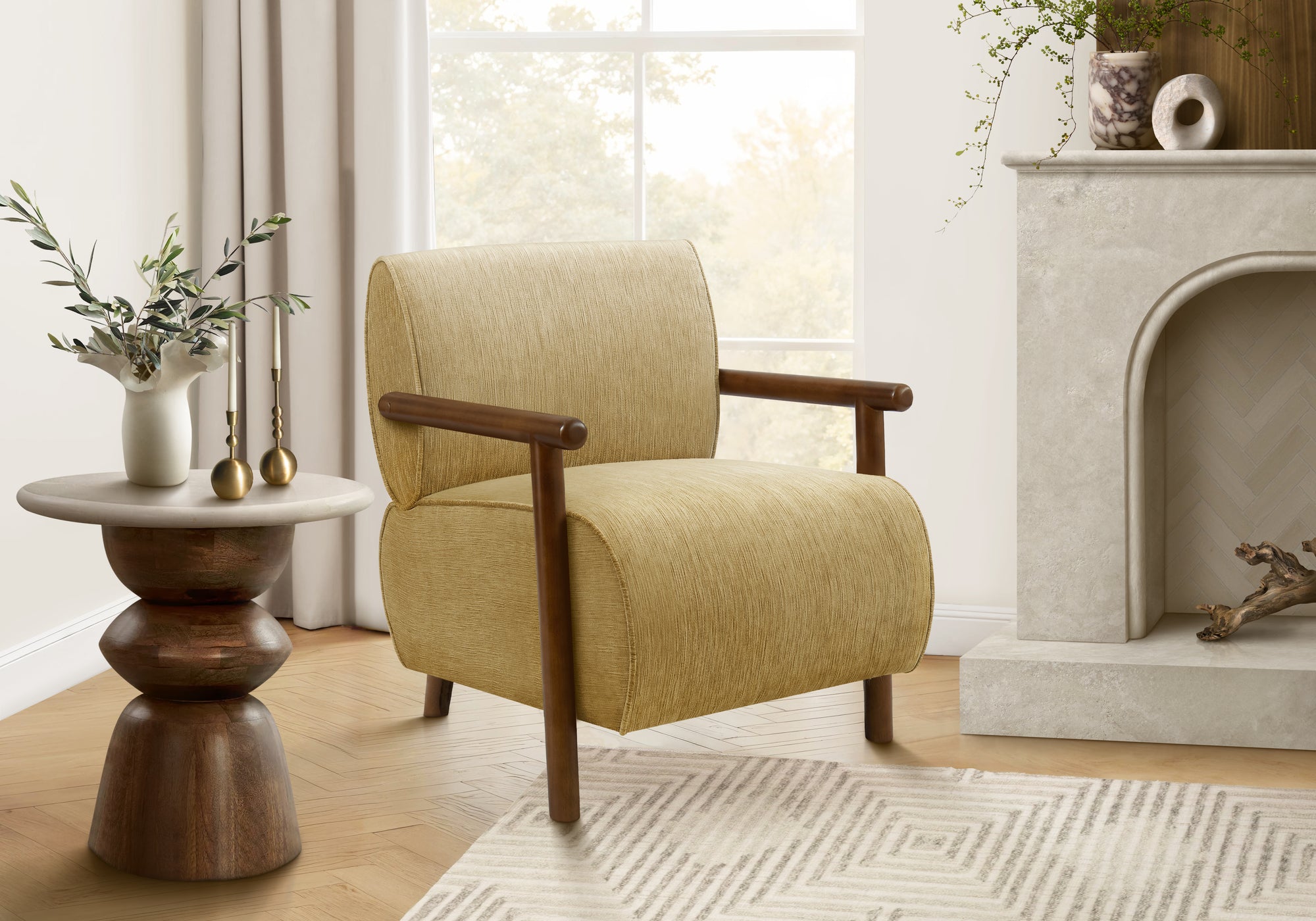 Accent Chair 31"H Gold Fabric Brown Walnut Wood-DECOROLALA
