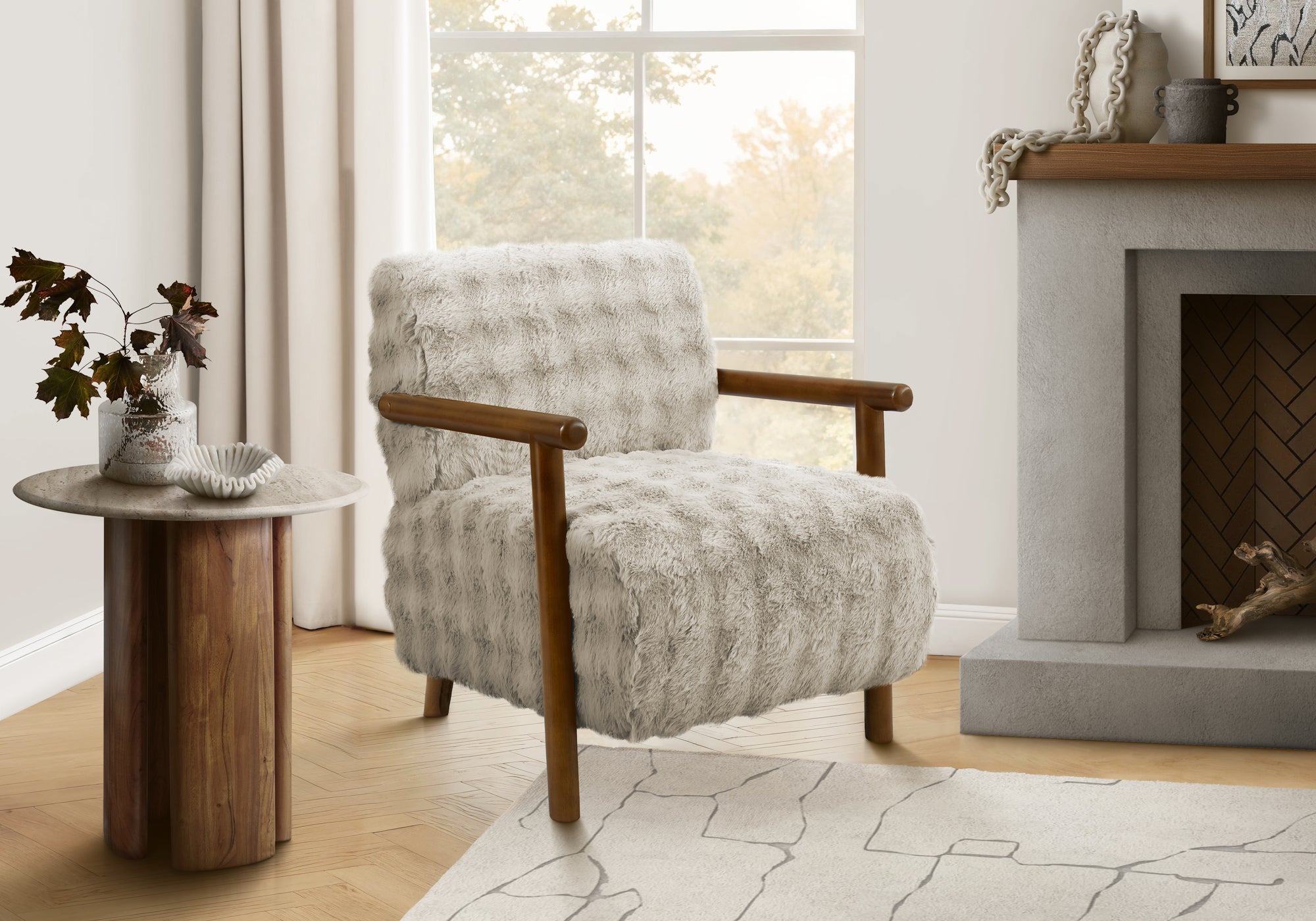 Accent Chair 31"H Light Grey Faux Fur Modern-DECOROLALA