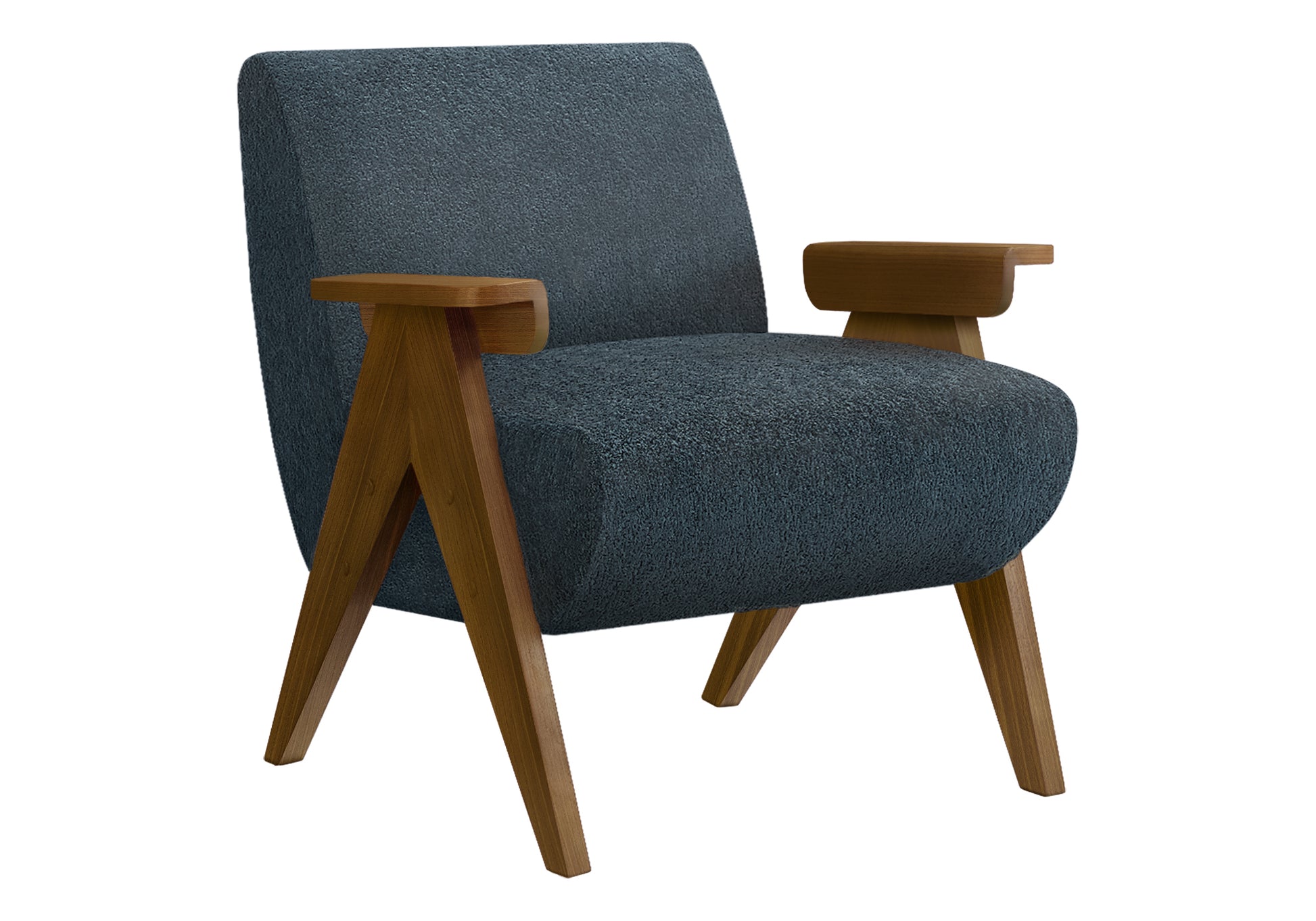 Accent Chair, 31"H, Upholstered, Living Room, Bedroom, Blue Fabric, Brown Walnut Solid Wood, Modern, Mid Century-DECOROLALA