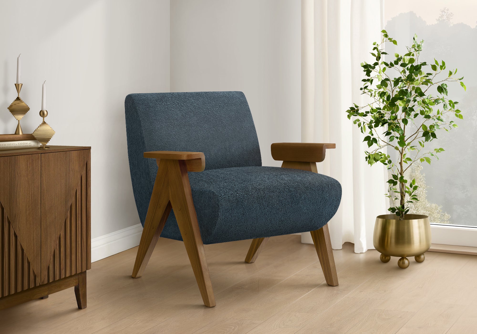 Accent Chair, 31"H, Upholstered, Living Room, Bedroom, Blue Fabric, Brown Walnut Solid Wood, Modern, Mid Century-DECOROLALA