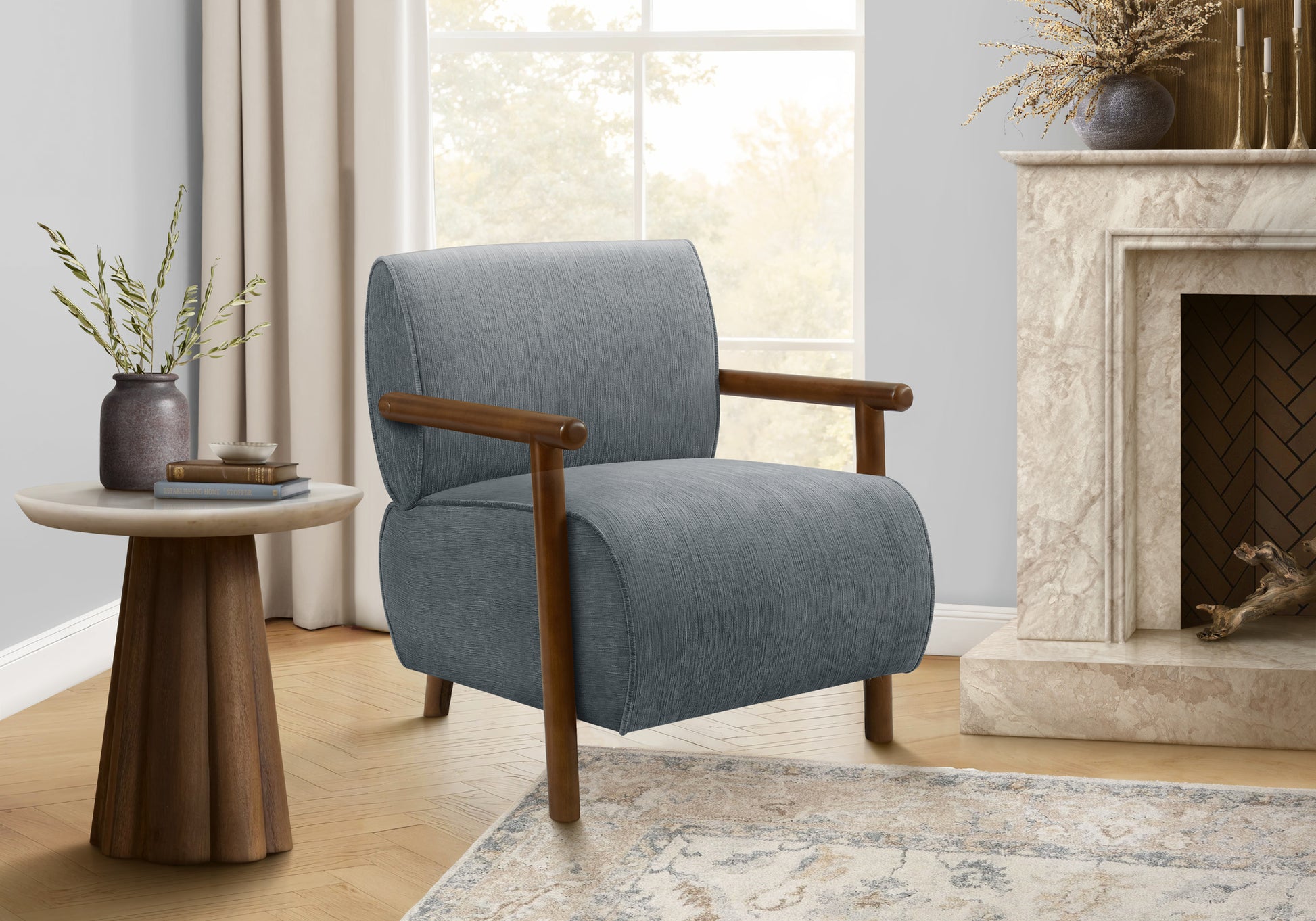Accent Chair, 31"H, Upholstered, Living Room, Bedroom, Blue Fabric, Brown Walnut Solid Wood, Modern, Mid Century-DECOROLALA
