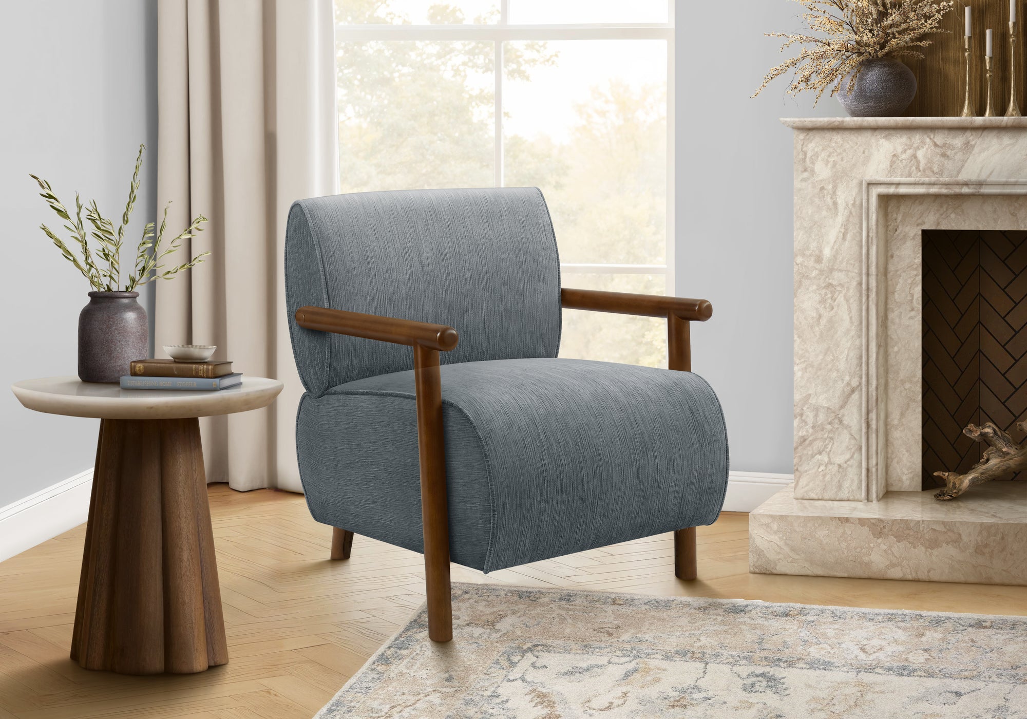 Accent Chair, 31"H, Upholstered, Living Room, Bedroom, Blue Fabric, Brown Walnut Solid Wood, Modern, Mid Century-DECOROLALA