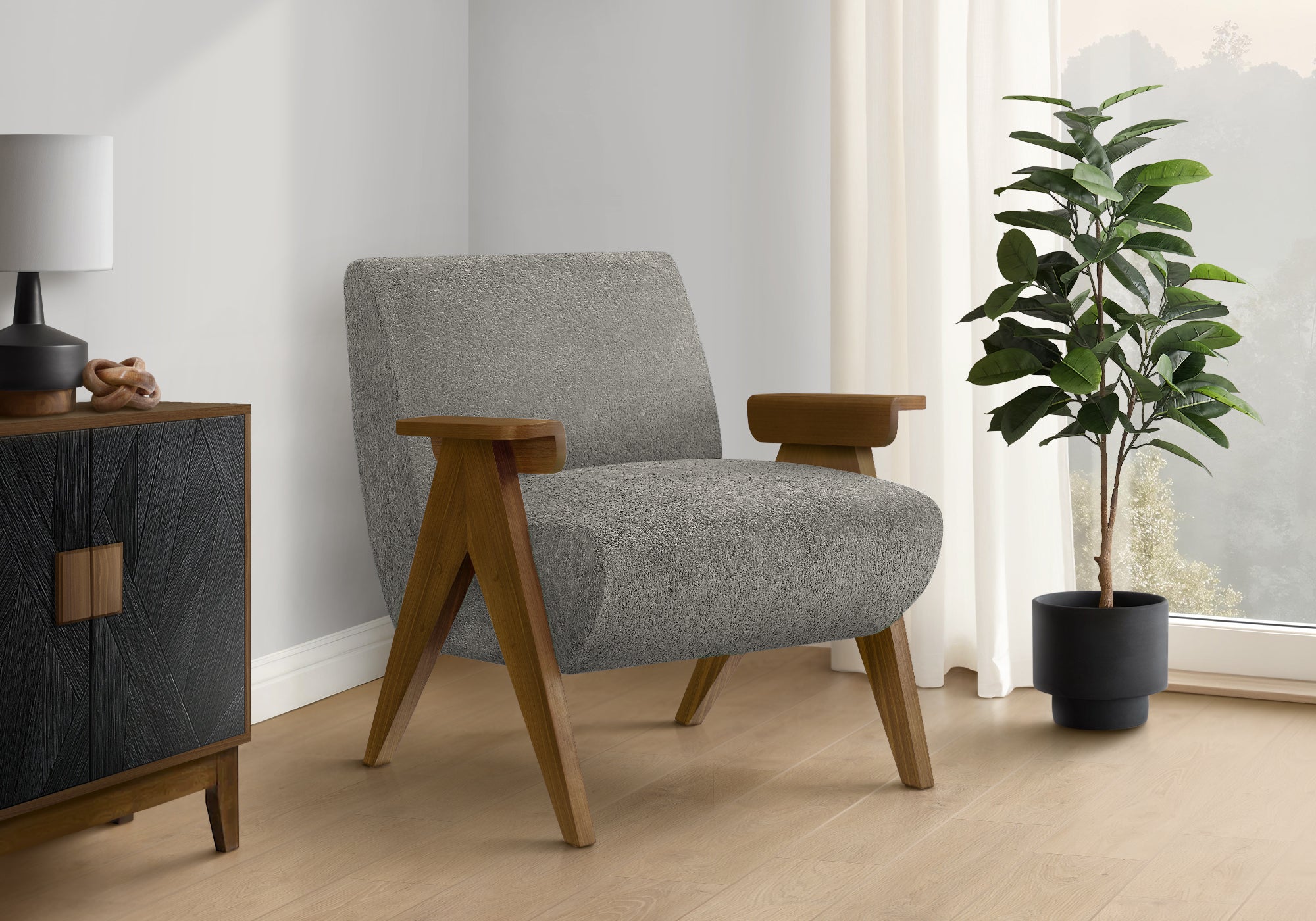 Accent Chair, 31"H, Upholstered, Living Room, Bedroom, Dark Grey Fabric, Brown Walnut Solid Wood, Modern, Mid Century-DECOROLALA