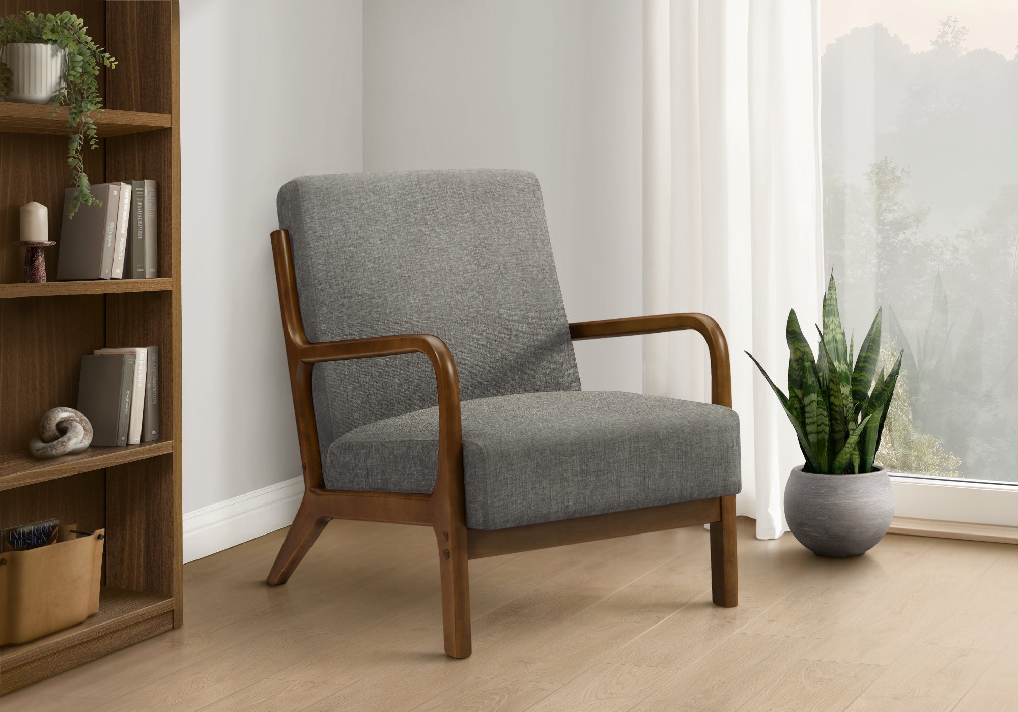 Accent Chair 34"H Dark Grey Upholstered Walnut Wood-DECOROLALA