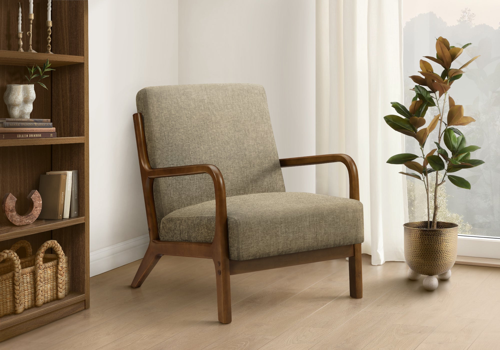 Accent Chair 34"H Light Brown Upholstered Mid Century-DECOROLALA