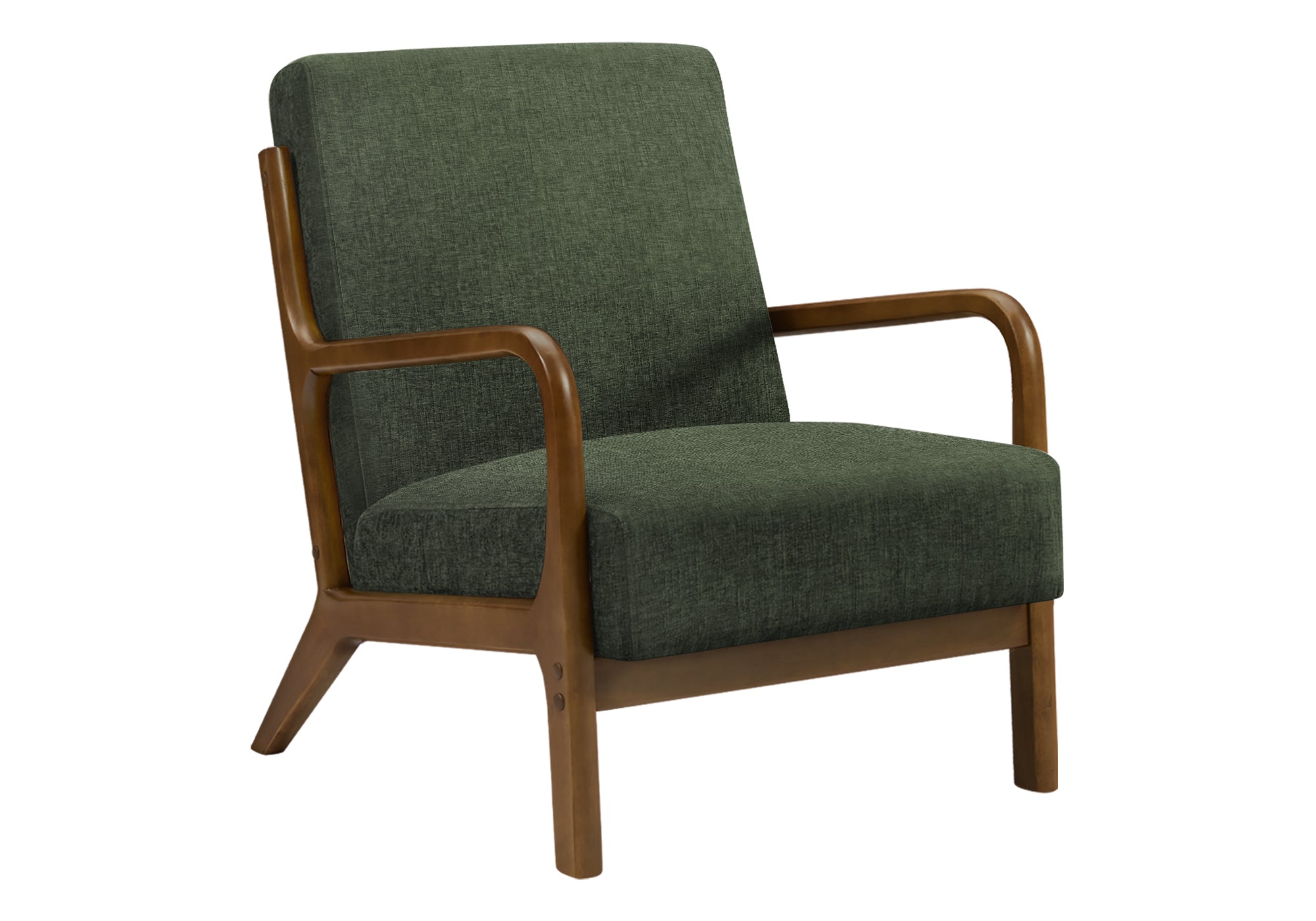 Accent Chair, 34"H, Upholstered, Living Room, Bedroom, Green Fabric, Brown Walnut Solid Wood, Modern, Mid Century-DECOROLALA