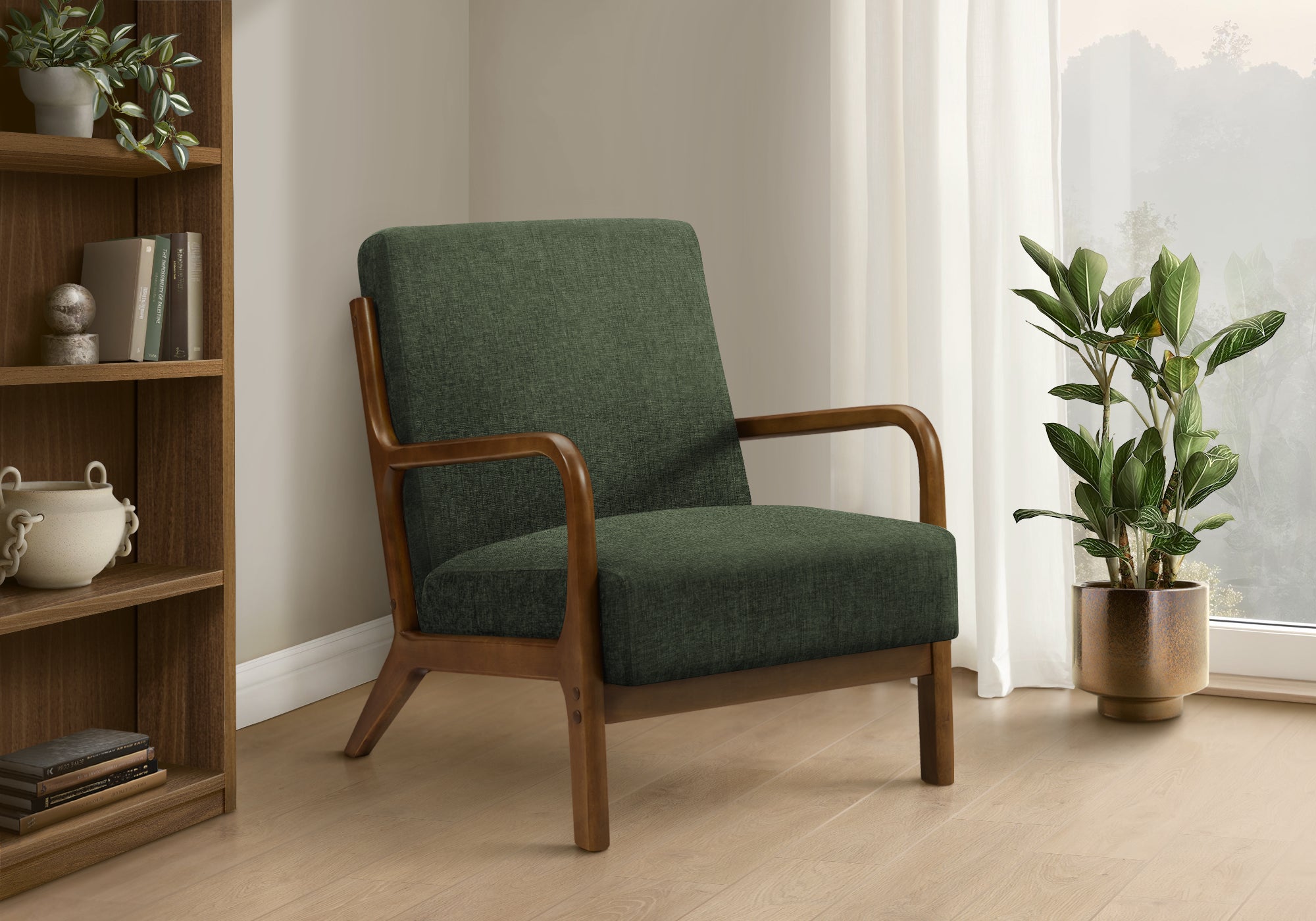 Accent Chair, 34"H, Upholstered, Living Room, Bedroom, Green Fabric, Brown Walnut Solid Wood, Modern, Mid Century-DECOROLALA