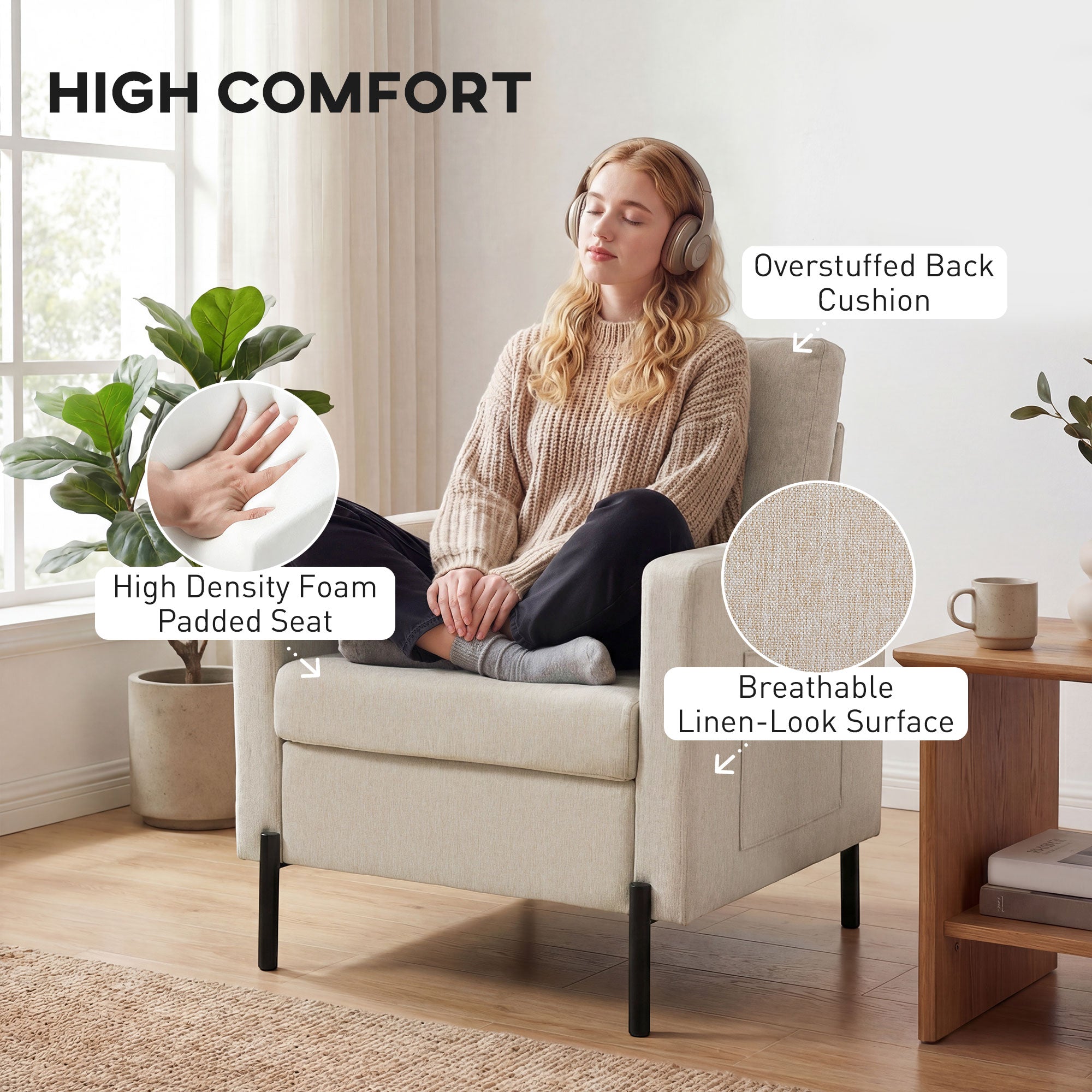 Accent Chair - Beige Upholstered Armchair-DECOROLALA