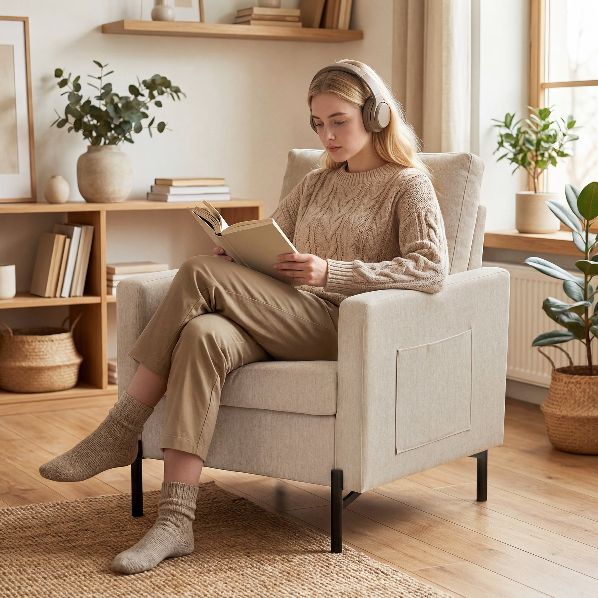 Accent Chair - Beige Upholstered Armchair-DECOROLALA