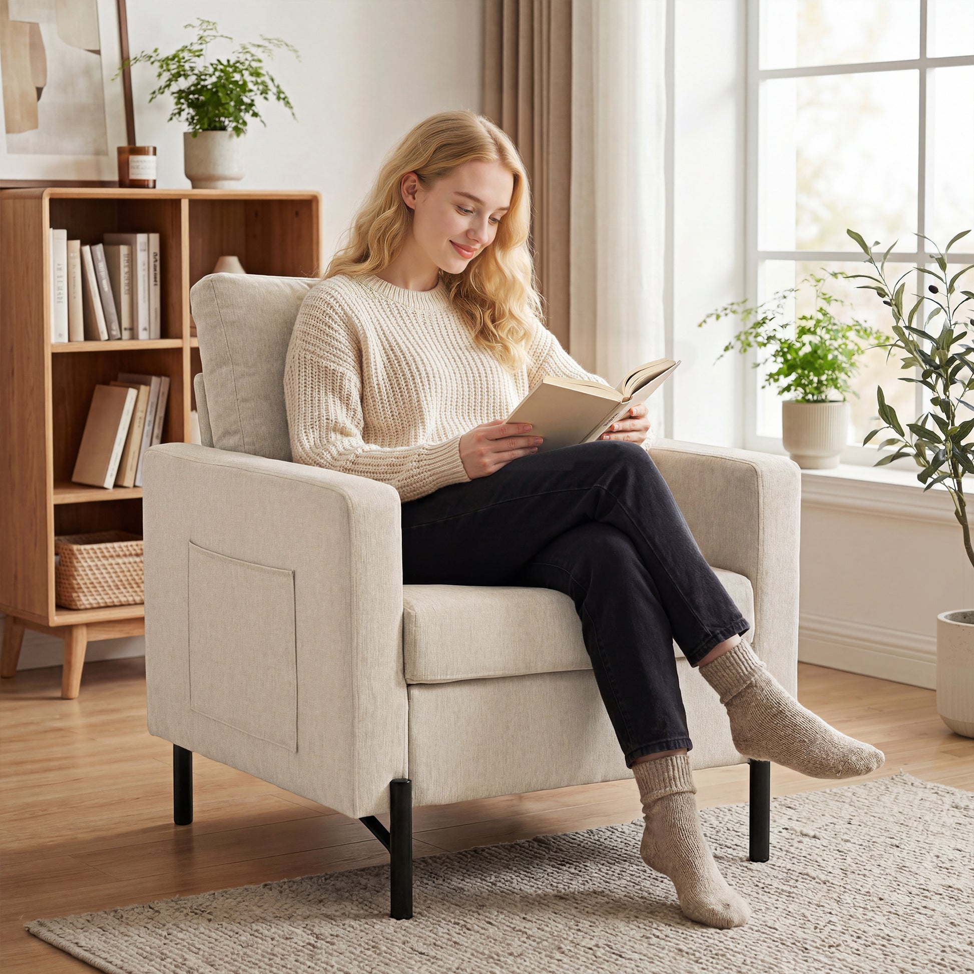 Accent Chair - Beige Upholstered Armchair-DECOROLALA