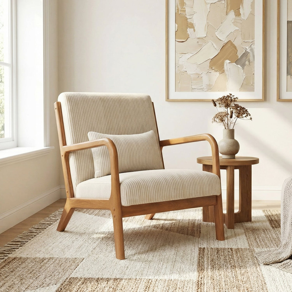 Accent Chair Corduroy Upholstered Lounge Chair with Lumbar Pillow-Beige-Accent Chairs-DECOROLALA
