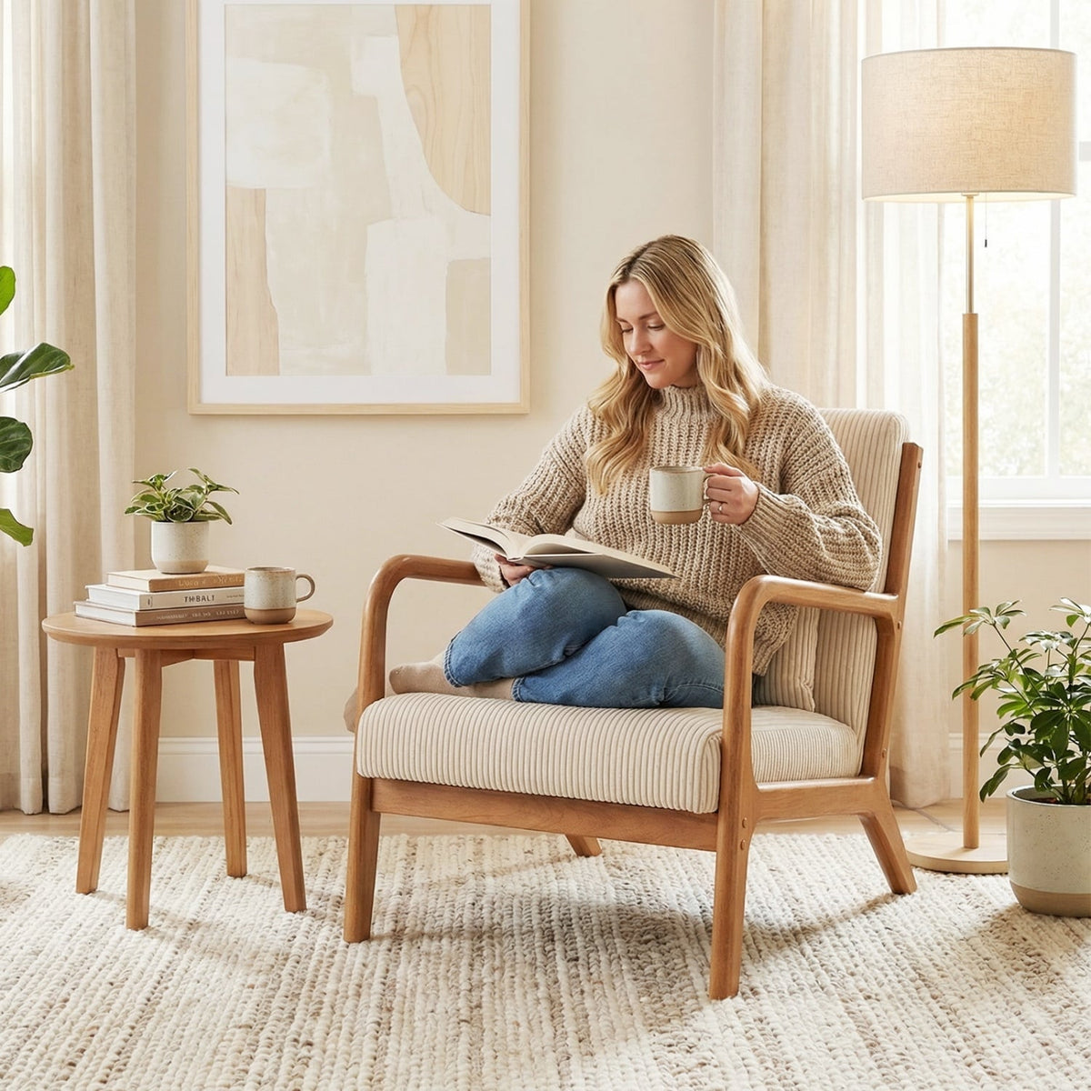 Accent Chair Corduroy Upholstered Lounge Chair with Lumbar Pillow-Beige-Accent Chairs-DECOROLALA