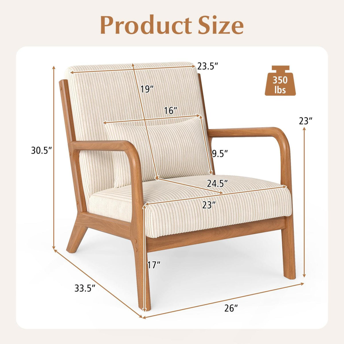 Accent Chair Corduroy Upholstered Lounge Chair with Lumbar Pillow-Beige-Accent Chairs-DECOROLALA