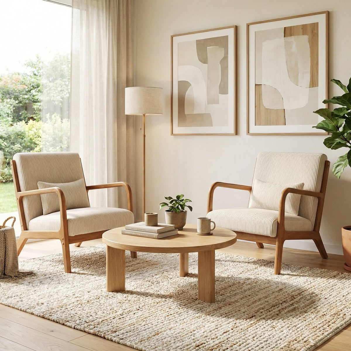 Accent Chair Corduroy Upholstered Lounge Chair with Lumbar Pillow-Beige-Accent Chairs-DECOROLALA