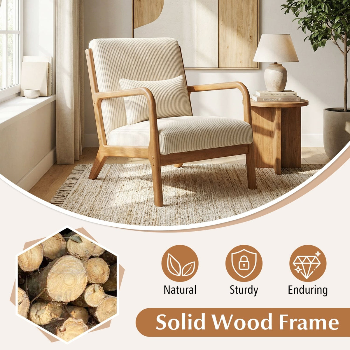 Accent Chair Corduroy Upholstered Lounge Chair with Lumbar Pillow-Beige-Accent Chairs-DECOROLALA