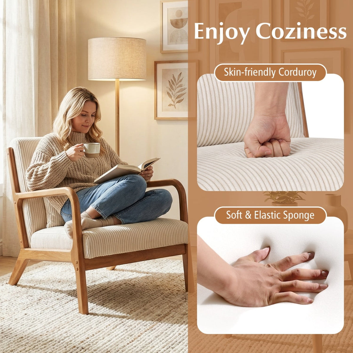 Accent Chair Corduroy Upholstered Lounge Chair with Lumbar Pillow-Beige-Accent Chairs-DECOROLALA