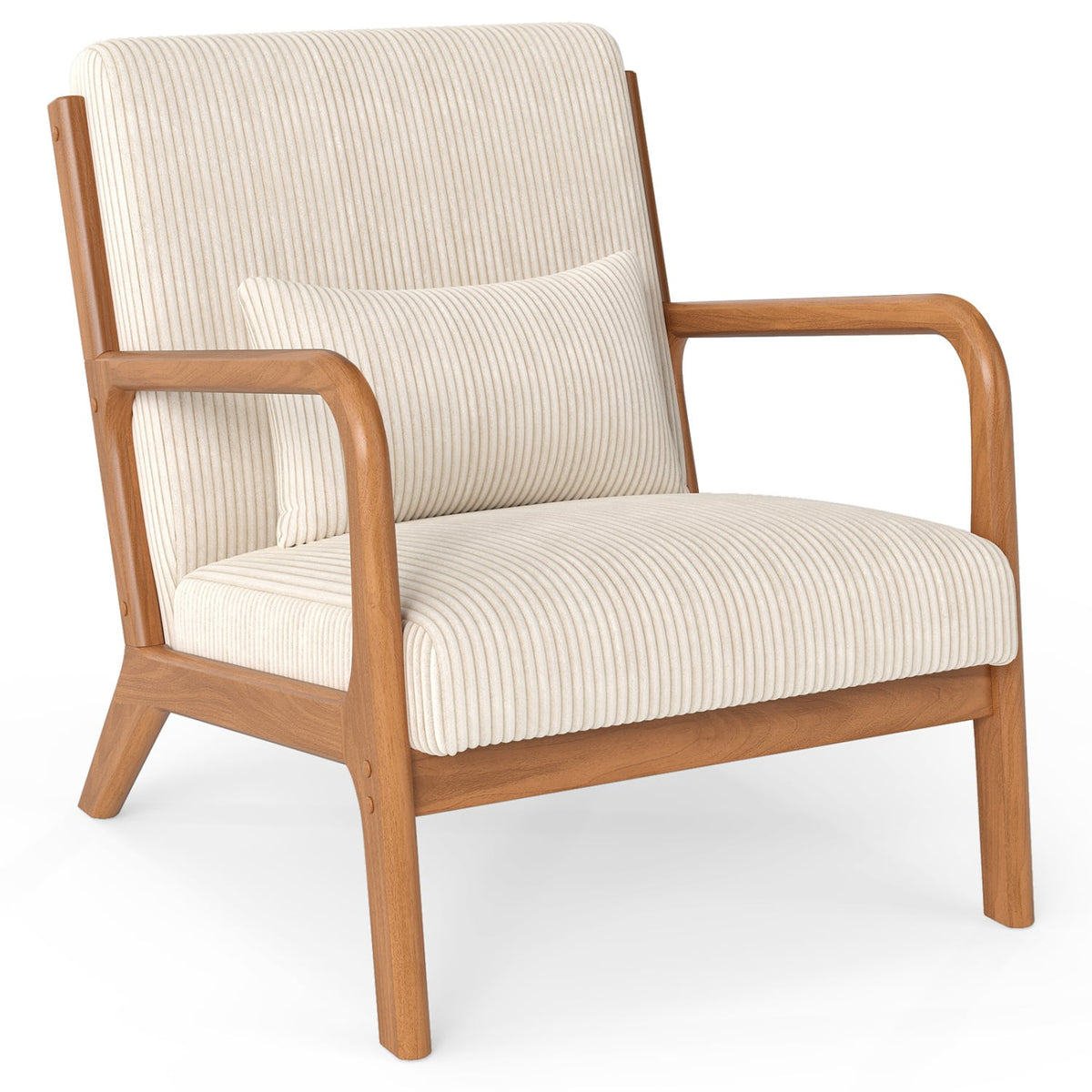 Accent Chair Corduroy Upholstered Lounge Chair with Lumbar Pillow-Beige-Accent Chairs-DECOROLALA