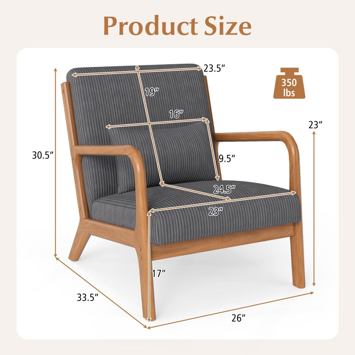 Accent Chair Corduroy Upholstered Lounge Chair with Lumbar Pillow-Gray-Accent Chairs-DECOROLALA