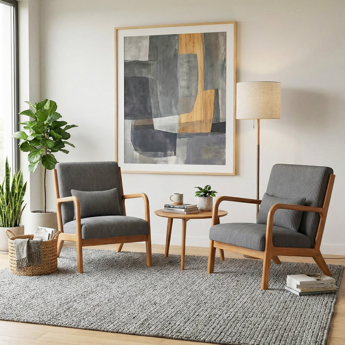 Accent Chair Corduroy Upholstered Lounge Chair with Lumbar Pillow-Gray-Accent Chairs-DECOROLALA
