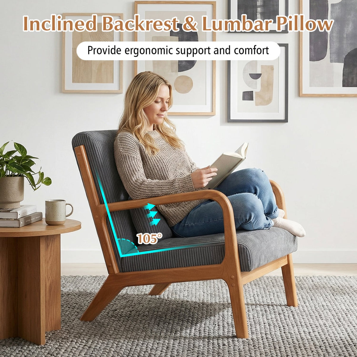 Accent Chair Corduroy Upholstered Lounge Chair with Lumbar Pillow-Gray-Accent Chairs-DECOROLALA