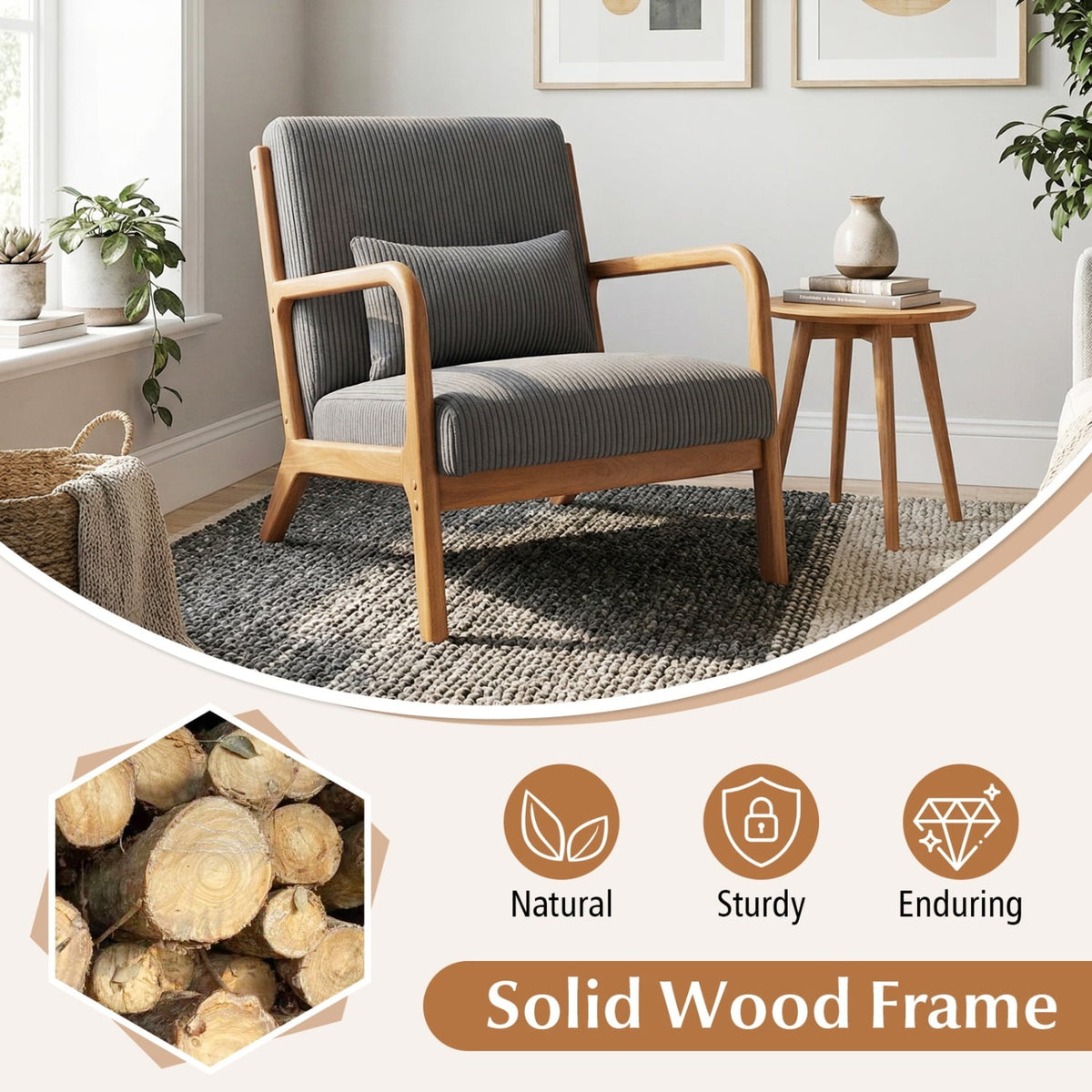 Accent Chair Corduroy Upholstered Lounge Chair with Lumbar Pillow-Gray-Accent Chairs-DECOROLALA