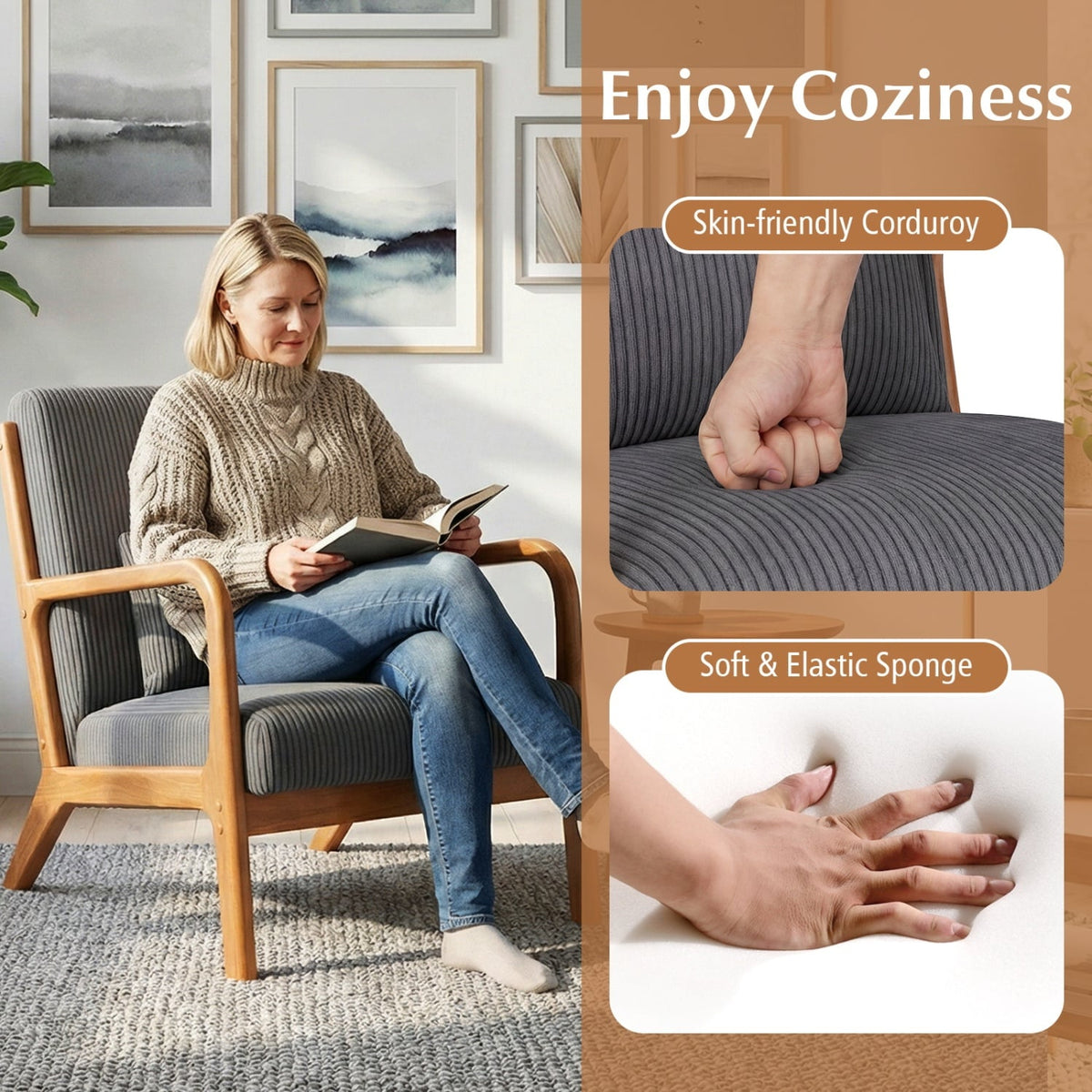 Accent Chair Corduroy Upholstered Lounge Chair with Lumbar Pillow-Gray-Accent Chairs-DECOROLALA