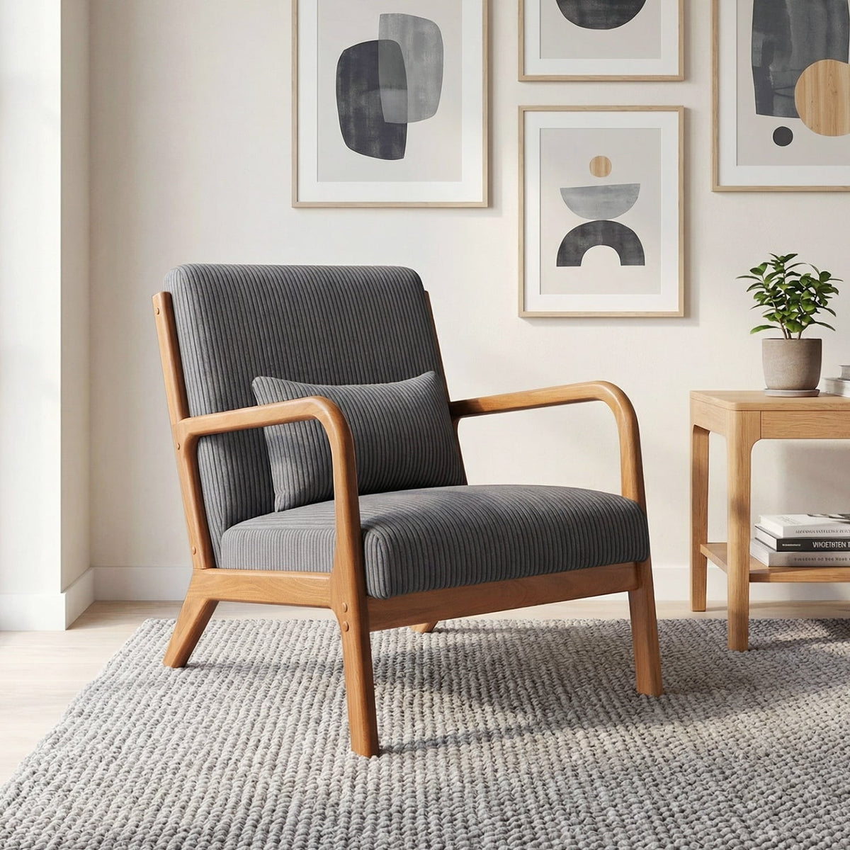 Accent Chair Corduroy Upholstered Lounge Chair with Lumbar Pillow-Gray-Accent Chairs-DECOROLALA