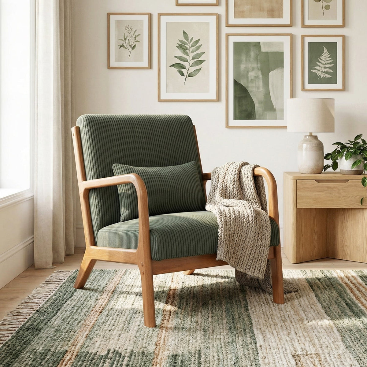 Accent Chair Corduroy Upholstered Lounge Chair with Lumbar Pillow-Green-Accent Chairs-DECOROLALA