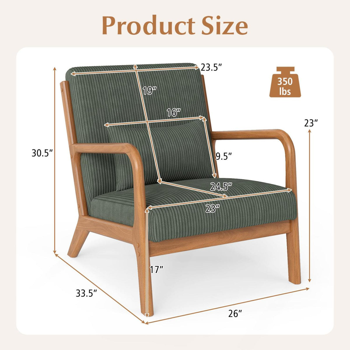 Accent Chair Corduroy Upholstered Lounge Chair with Lumbar Pillow-Green-Accent Chairs-DECOROLALA
