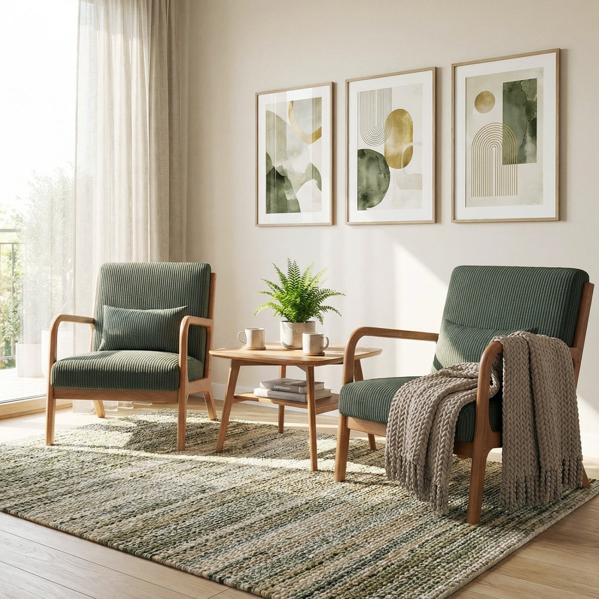 Accent Chair Corduroy Upholstered Lounge Chair with Lumbar Pillow-Green-Accent Chairs-DECOROLALA