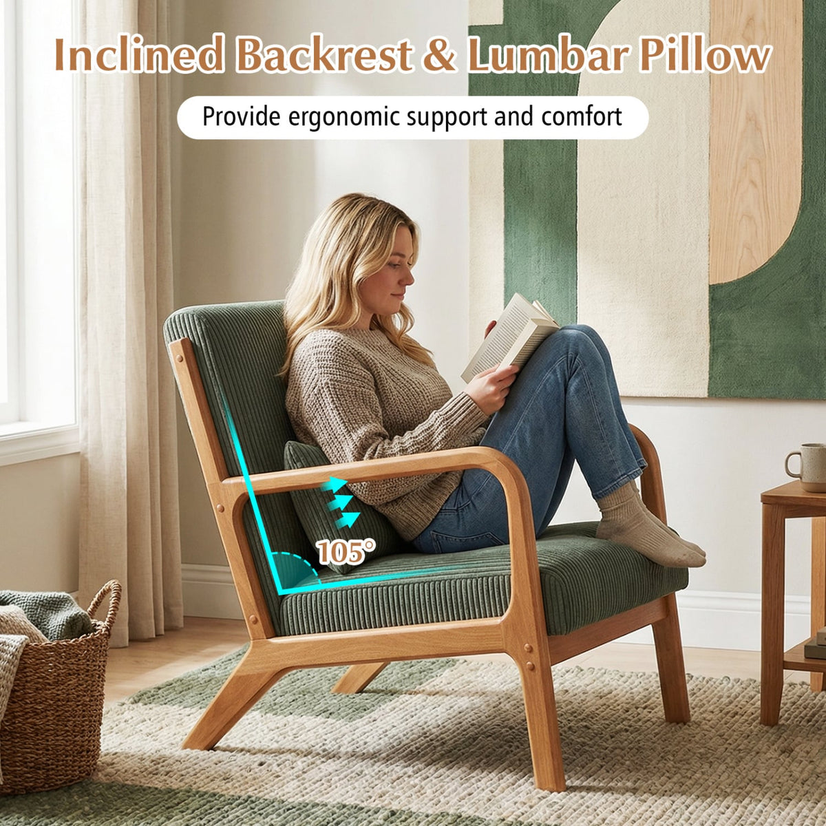 Accent Chair Corduroy Upholstered Lounge Chair with Lumbar Pillow-Green-Accent Chairs-DECOROLALA