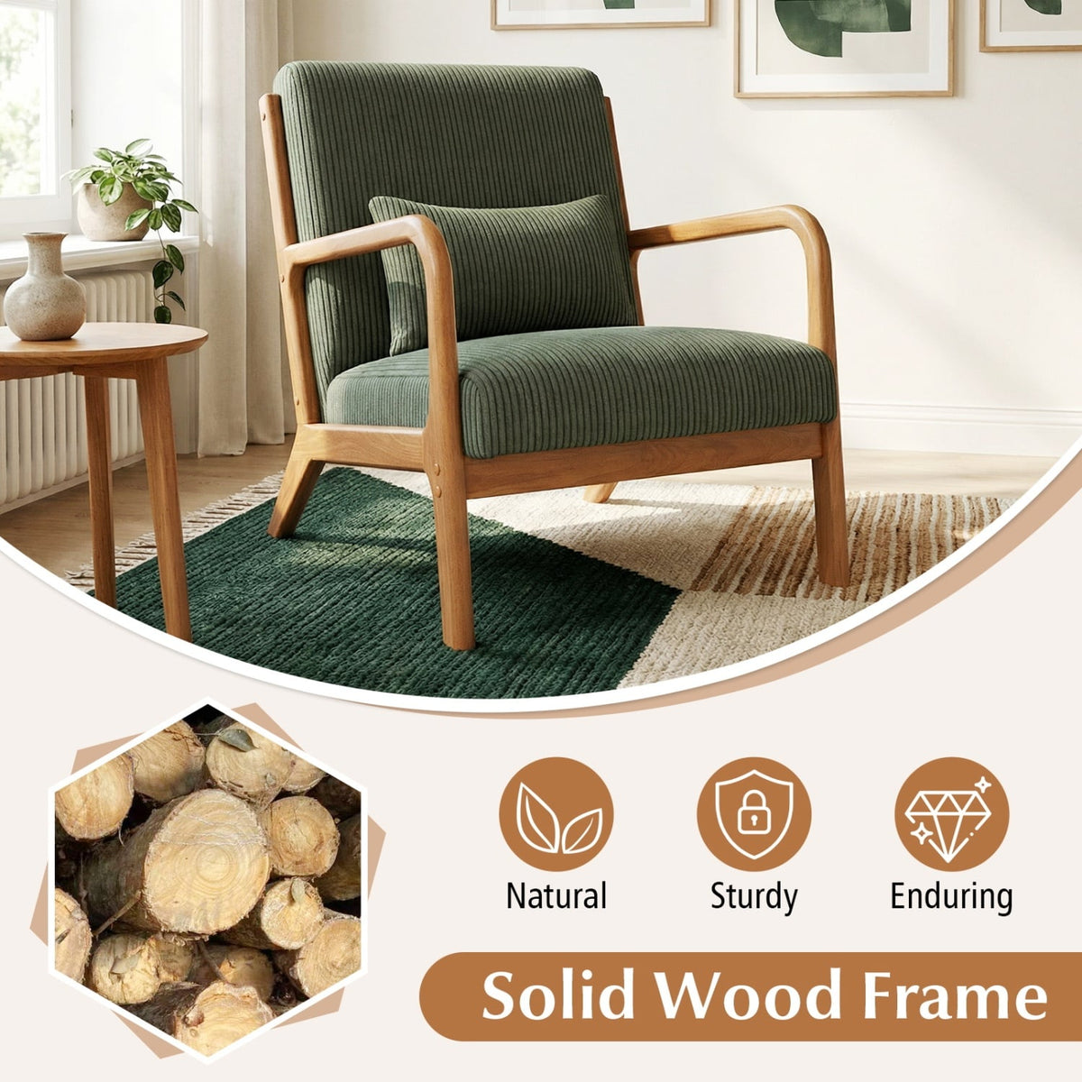 Accent Chair Corduroy Upholstered Lounge Chair with Lumbar Pillow-Green-Accent Chairs-DECOROLALA