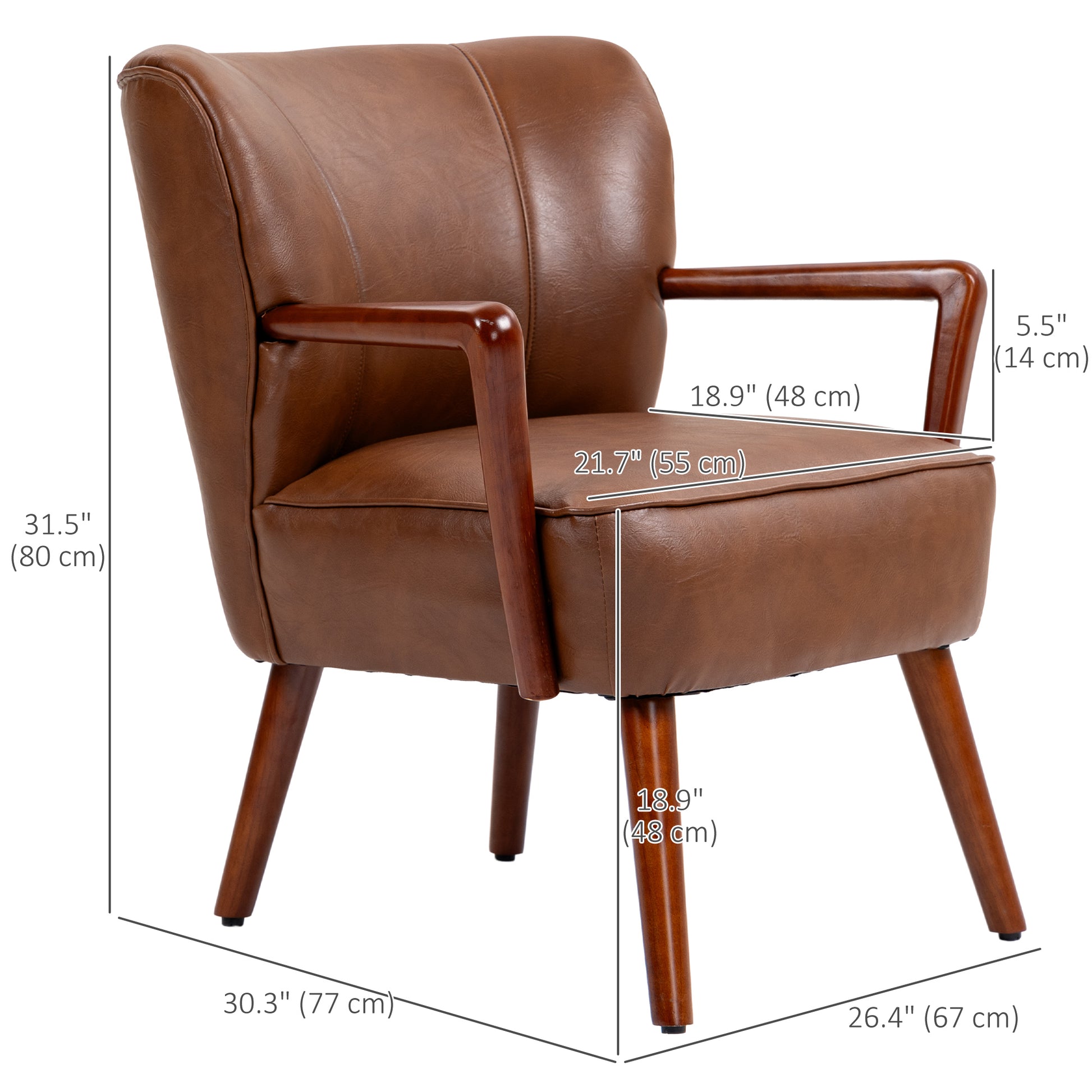 Accent Chair, Modern Brown PU Leather Living Room Armchair with Wood Legs-DECOROLALA