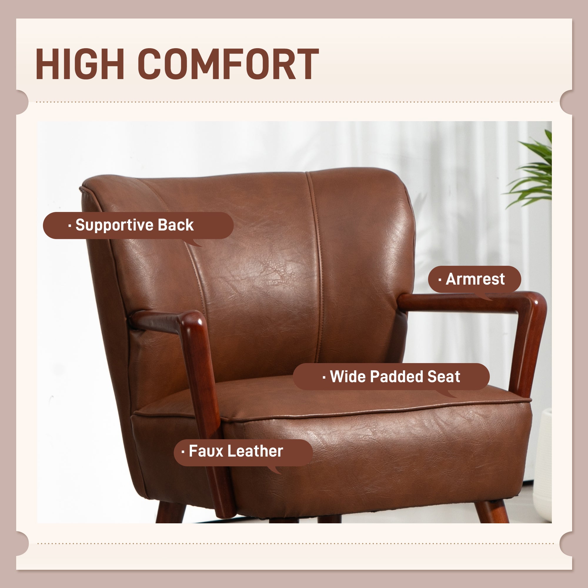 Accent Chair, Modern Brown PU Leather Living Room Armchair with Wood Legs-DECOROLALA