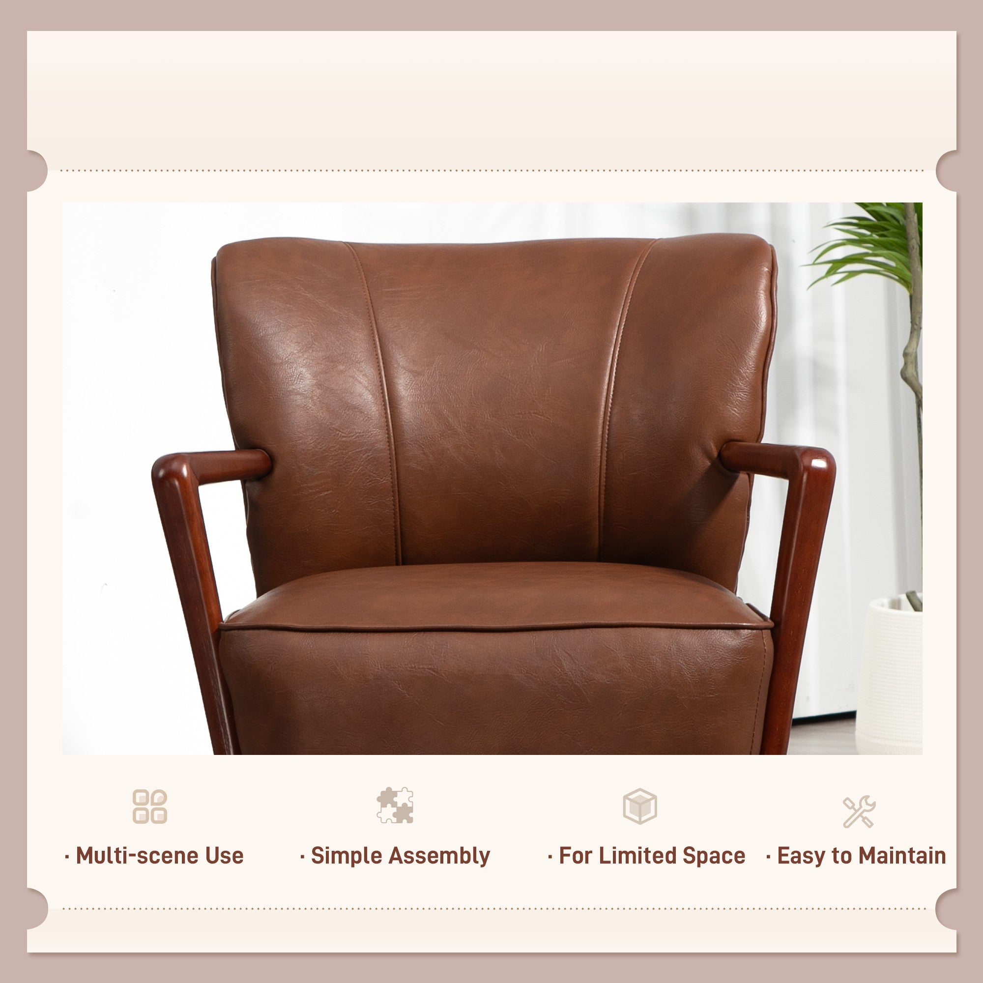 Accent Chair, Modern Brown PU Leather Living Room Armchair with Wood Legs-DECOROLALA