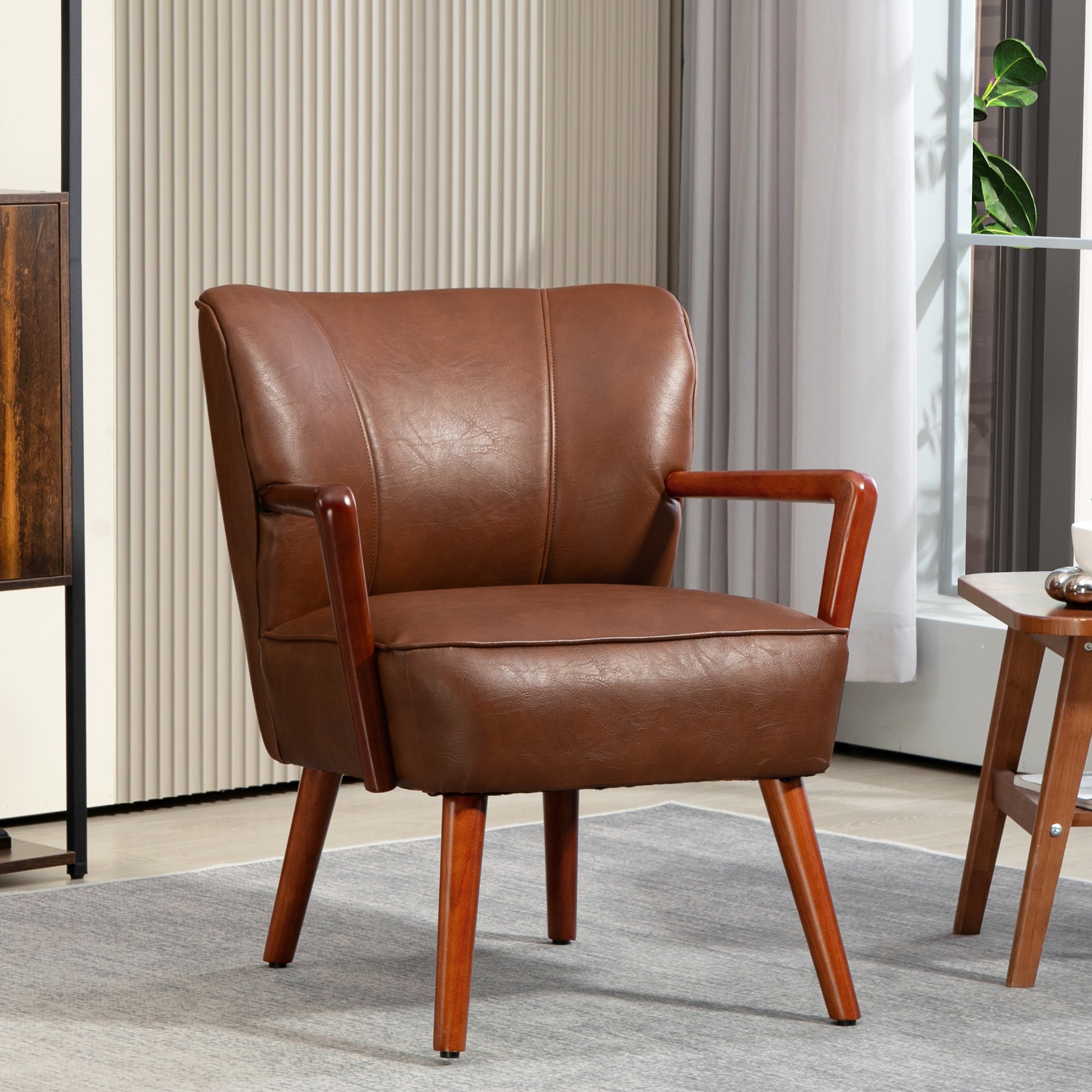 Accent Chair, Modern Brown PU Leather Living Room Armchair with Wood Legs-DECOROLALA