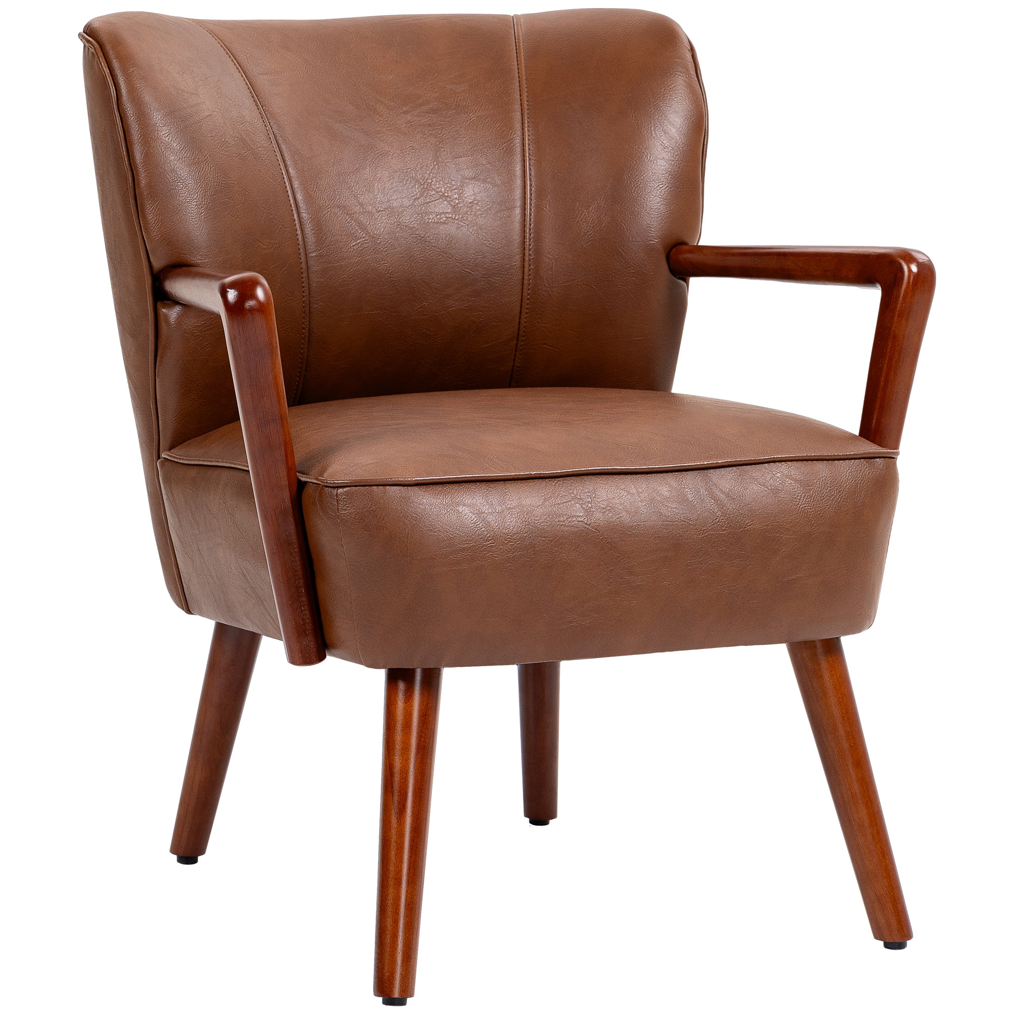 Accent Chair, Modern Brown PU Leather Living Room Armchair with Wood Legs-DECOROLALA