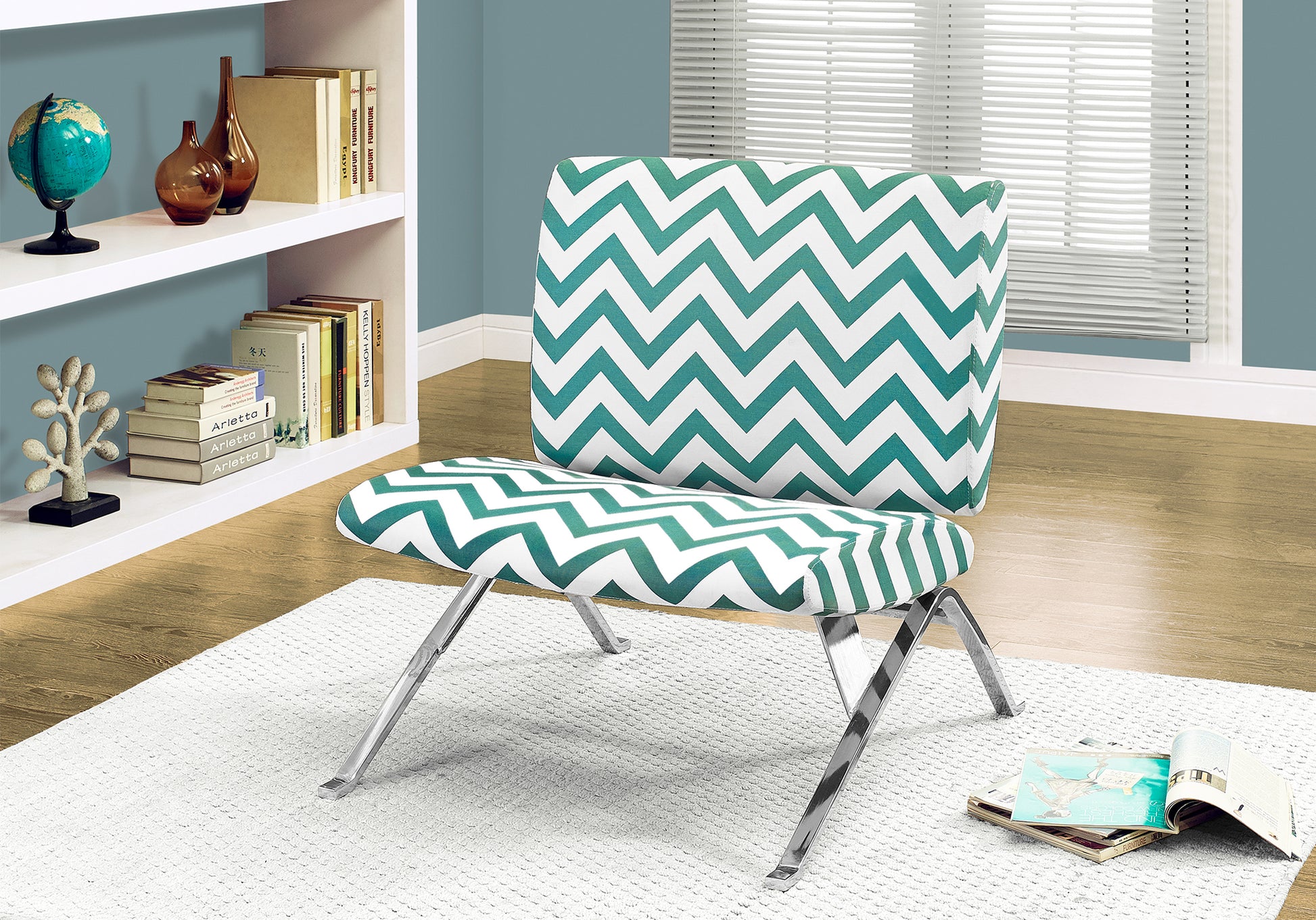 Accent Chair - Teal " Chevron " Fabric / Chrome Metal-Accent Table-DECOROLALA