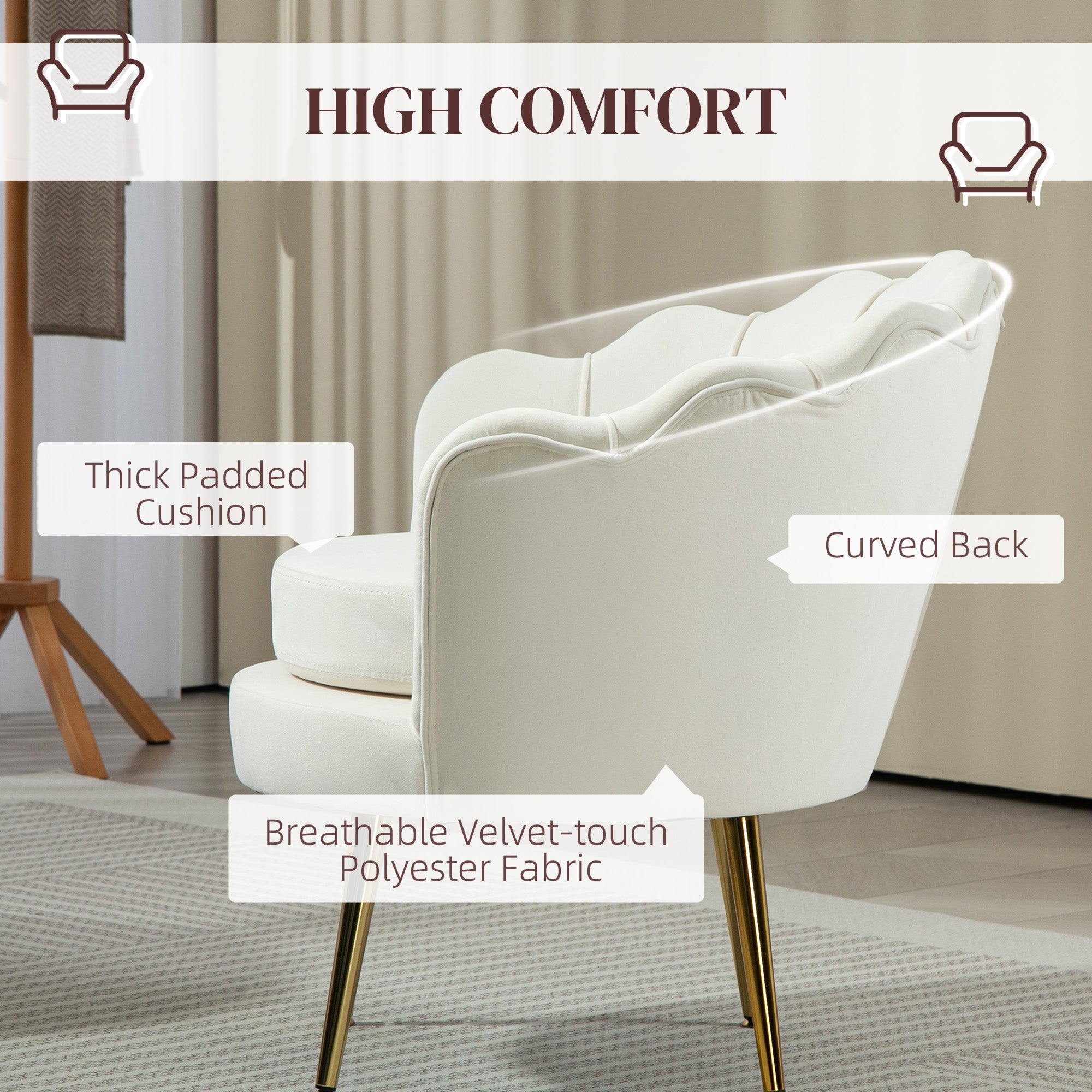 Accent Chair Velvet Cream White Gold Legs-DECOROLALA