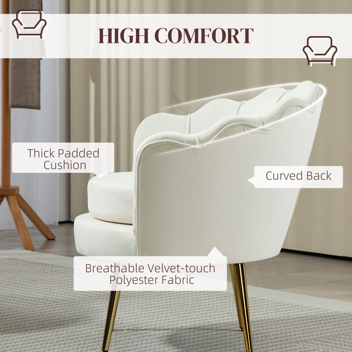 Accent Chair Velvet Cream White Gold Legs-DECOROLALA