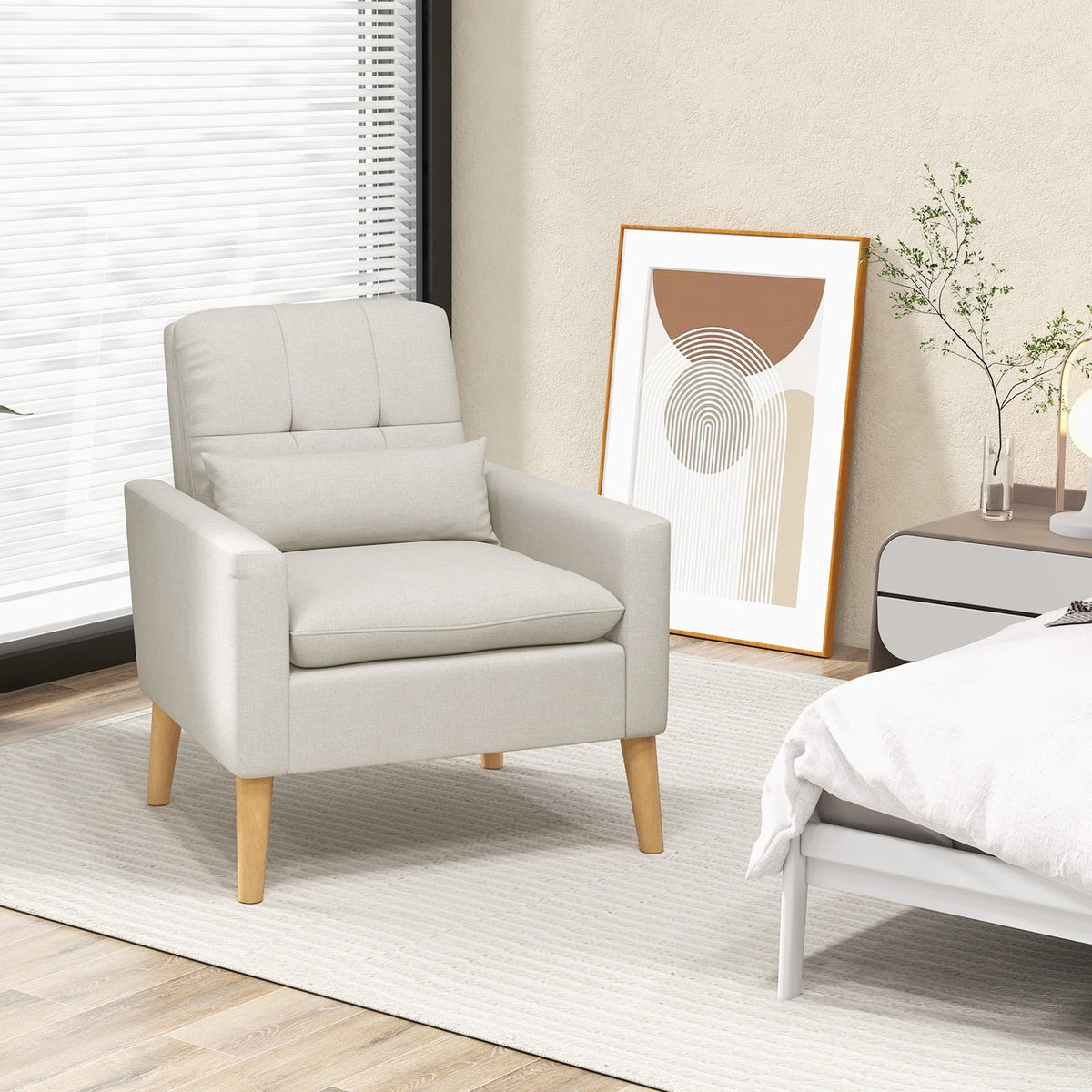 Accent Chair with Lumbar Pillow Natural Rubber Wood Legs Padded Cushions-Beige-Accent Chairs-DECOROLALA