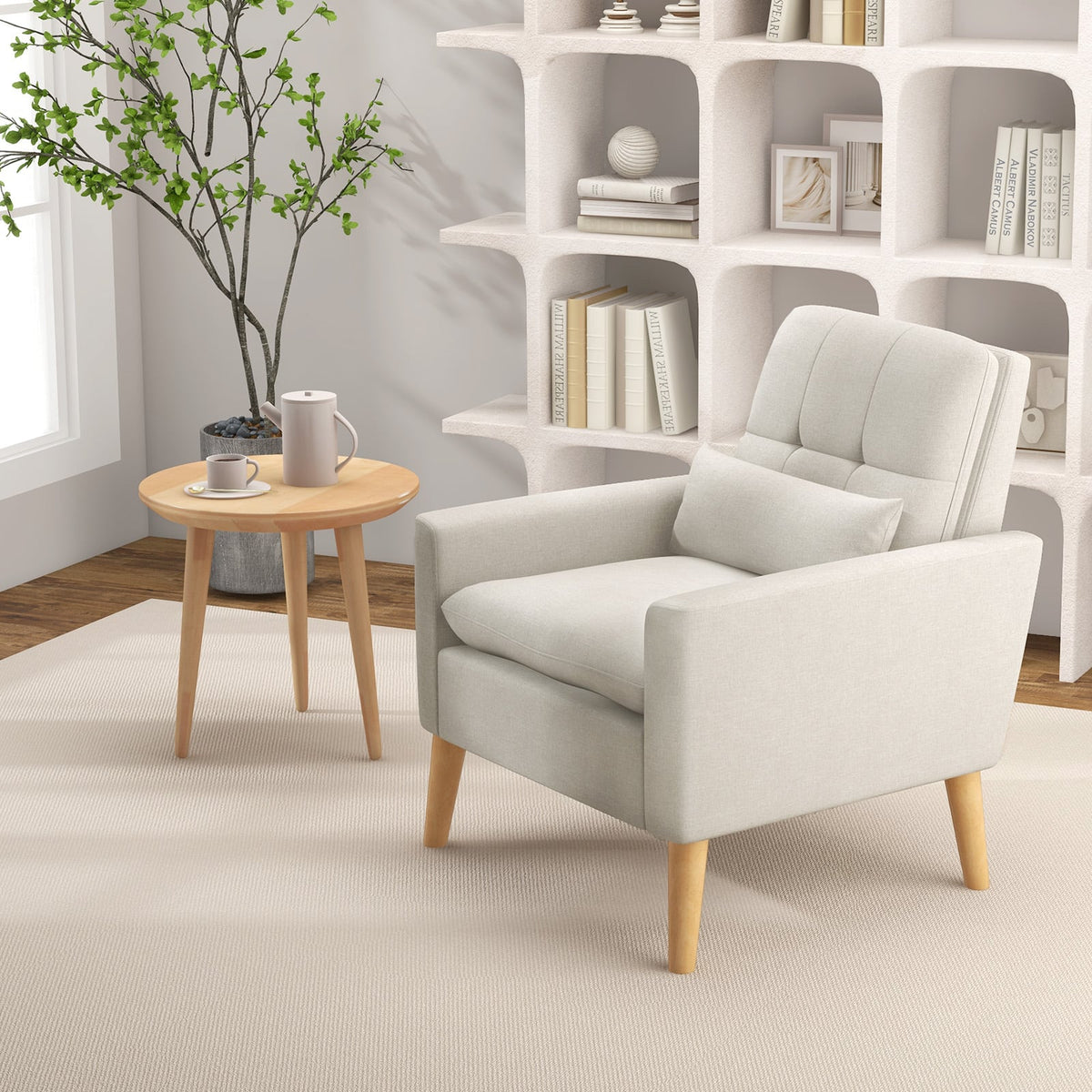 Accent Chair with Lumbar Pillow Natural Rubber Wood Legs Padded Cushions-Beige-Accent Chairs-DECOROLALA