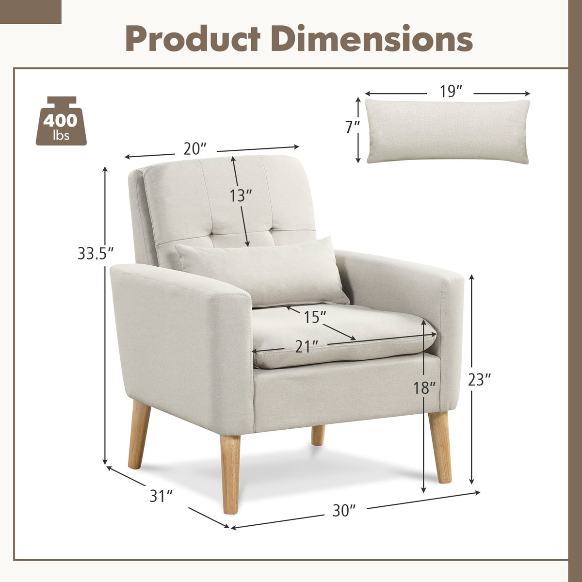 Accent Chair with Lumbar Pillow Natural Rubber Wood Legs Padded Cushions-Beige-Accent Chairs-DECOROLALA