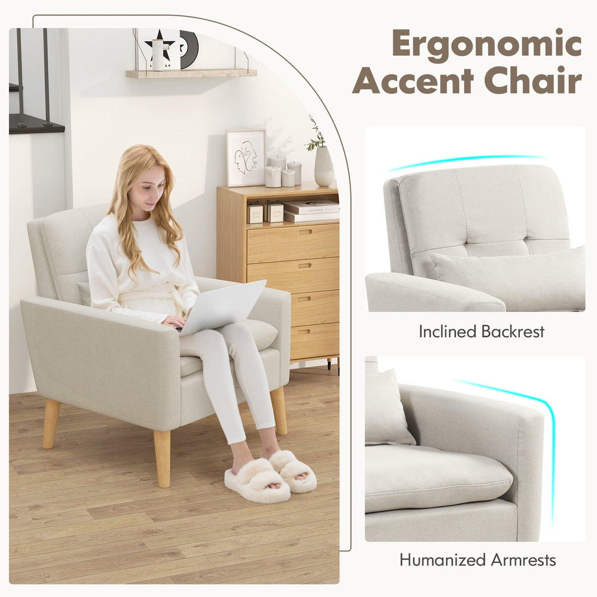 Accent Chair with Lumbar Pillow Natural Rubber Wood Legs Padded Cushions-Beige-Accent Chairs-DECOROLALA