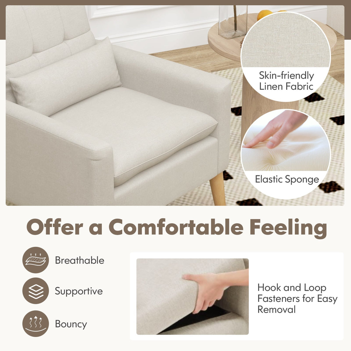 Accent Chair with Lumbar Pillow Natural Rubber Wood Legs Padded Cushions-Beige-Accent Chairs-DECOROLALA