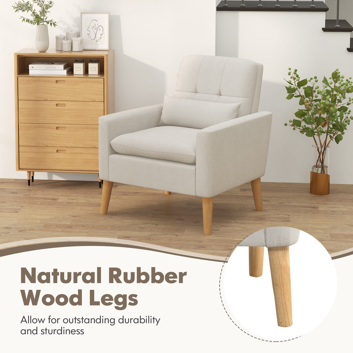 Accent Chair with Lumbar Pillow Natural Rubber Wood Legs Padded Cushions-Beige-Accent Chairs-DECOROLALA