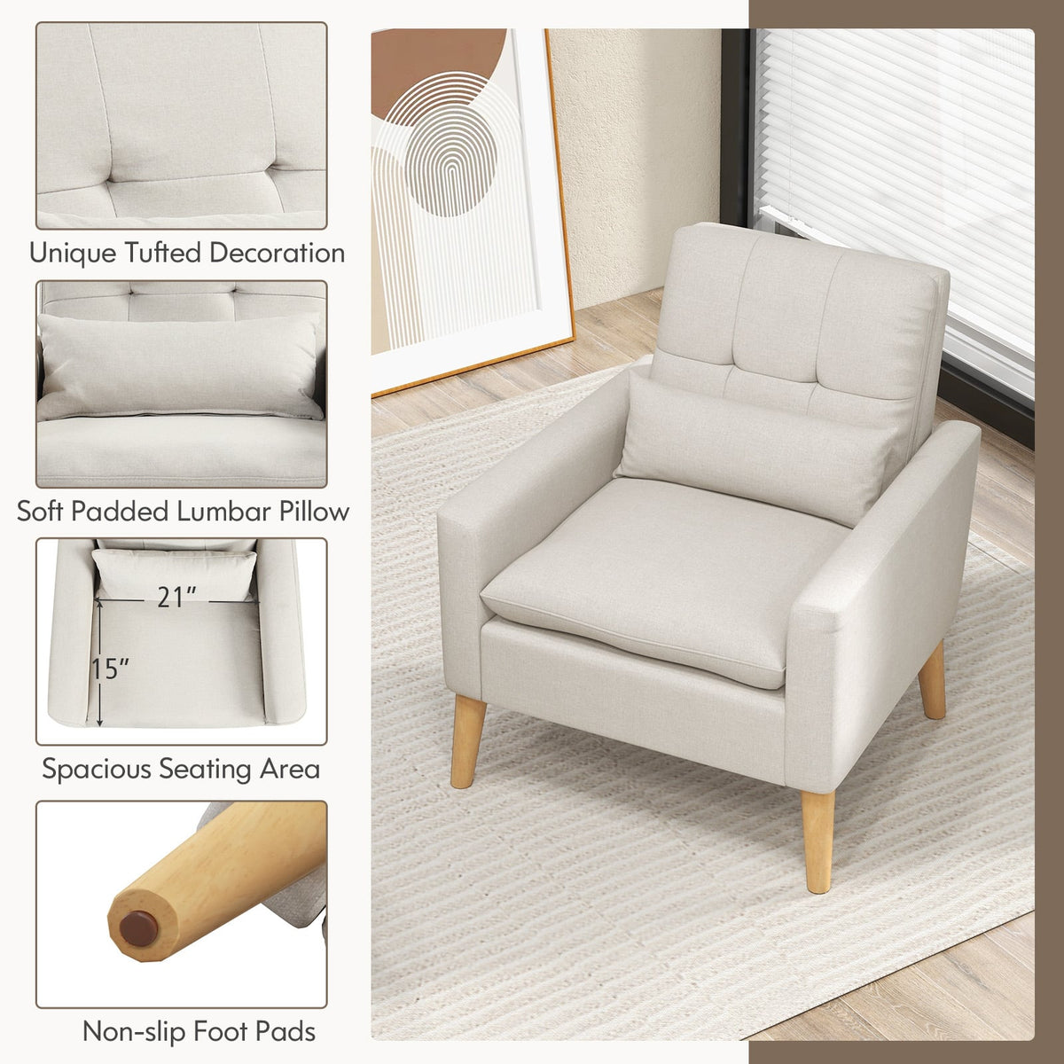 Accent Chair with Lumbar Pillow Natural Rubber Wood Legs Padded Cushions-Beige-Accent Chairs-DECOROLALA